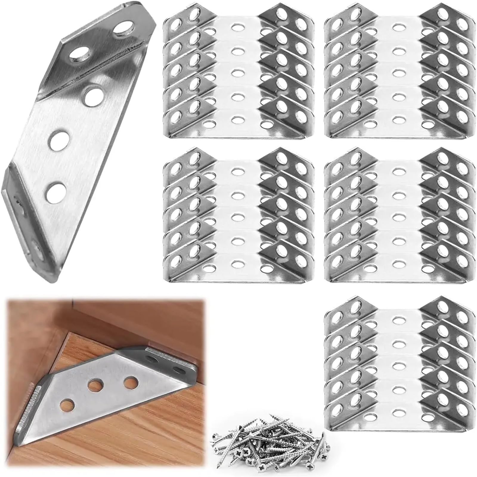 Staffa angolare universale per mobili, 40/80/200 pezzi, in acciaio inox, con viti, staffe angolari resistenti per legno (200 pezzi)