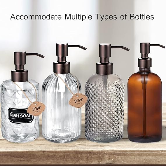 4PC Soap Dispenser Lids - 304 Stainless Steel Replacement Pump with Waterproof Label Stickers 8 Pack Tubes Fit 28/400 Thread Neck Bottles,for Dish Soap, Lotions, Conditioner,Shampoo(Bronze)