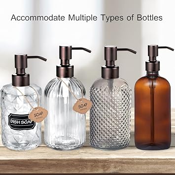 4PC Soap Dispenser Lids - 304 Stainless Steel Replacement Pump with Waterproof Label Stickers 8 Pack Tubes Fit 28/400 Thread Neck Bottles,for Dish Soap, Lotions, Conditioner,Shampoo(Bronze)