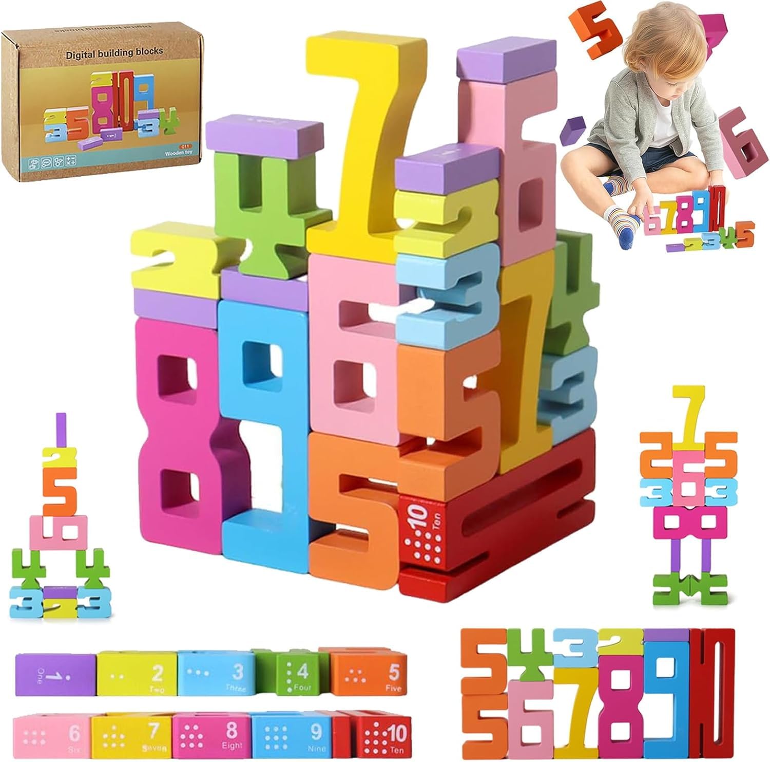 ZRCCOX Kids Building Blocks for Toddlers 1-3, 20 Pcs Wooden Number Building Blocks, Montessori Toys for Kids Math Digital ...
