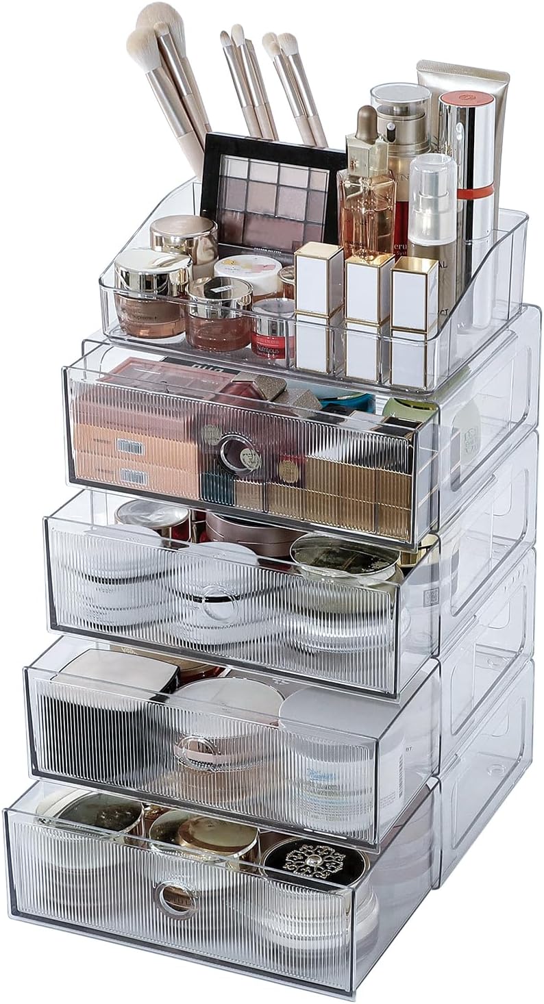 5-Tiers Makeup Organizer with Drawer for Vanity, Stackable Bathroom Storage Box for Beauty Essentials, Skincare Products, Cosmetic Brushes, Perfume Stand, Clear Lipsticks Holder