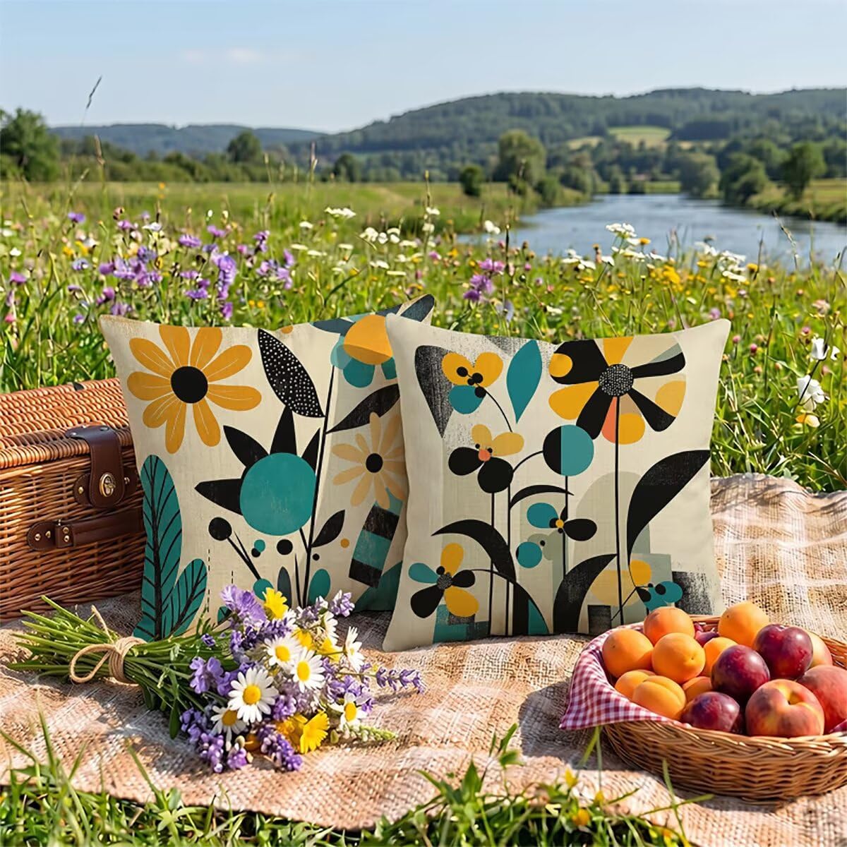 Turquoise Cushion Covers 40 x 40 cm Set of 2 Double-Sided Design Orange Outdoor Cushions Waterproof, Modern Large Cushions, Soft Velvet Square Throw Pillows for Garden Sofa Home Decor, Gifts 0z-396
