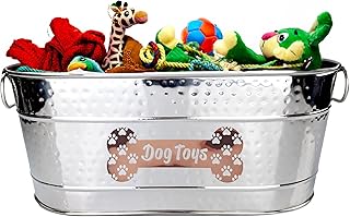 Metal Indestructible Dog Toy Bin - Steel Dog Basket for Toys with Handles, Pet Toy Basket, Oval for Blankets, Leashes, & Toys for Aggressive Chewers - Pawprint Design Home Decor (Silver)