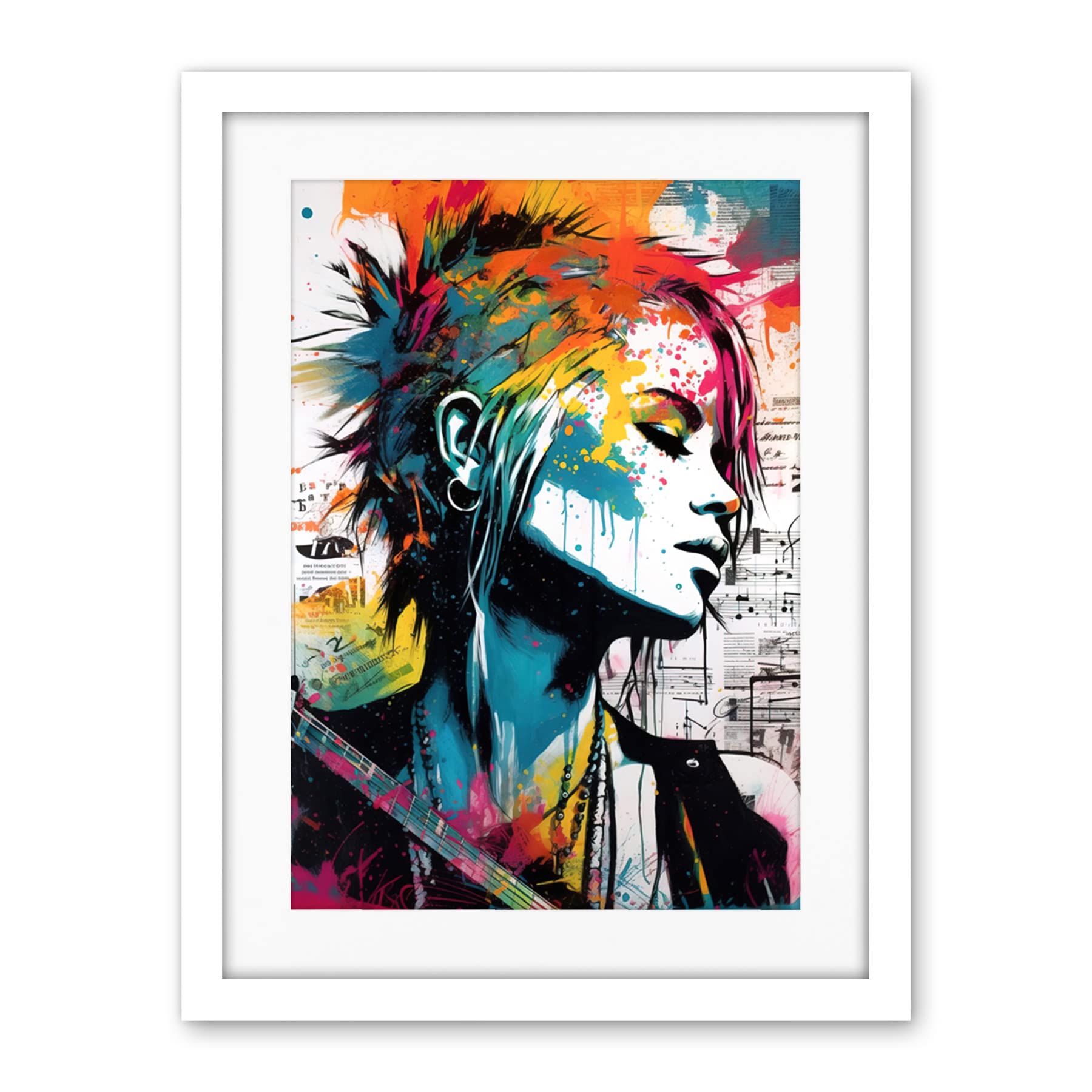 Artery8 Emo Woman Electric Guitar Sheet Music Upcycle Art Splatter Paint Modern Painting Artwork Framed Wall Art Print 18X24 Inch