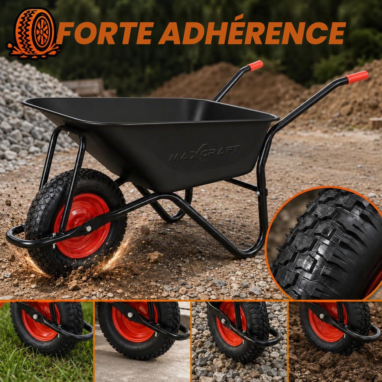 Brouette de Chantier 250 kg 100 L Chariot Transport Jardin Pneus avec Chambre à Air Poignée en Caoutchouc Dur - Noir/Rouge - Black Edition