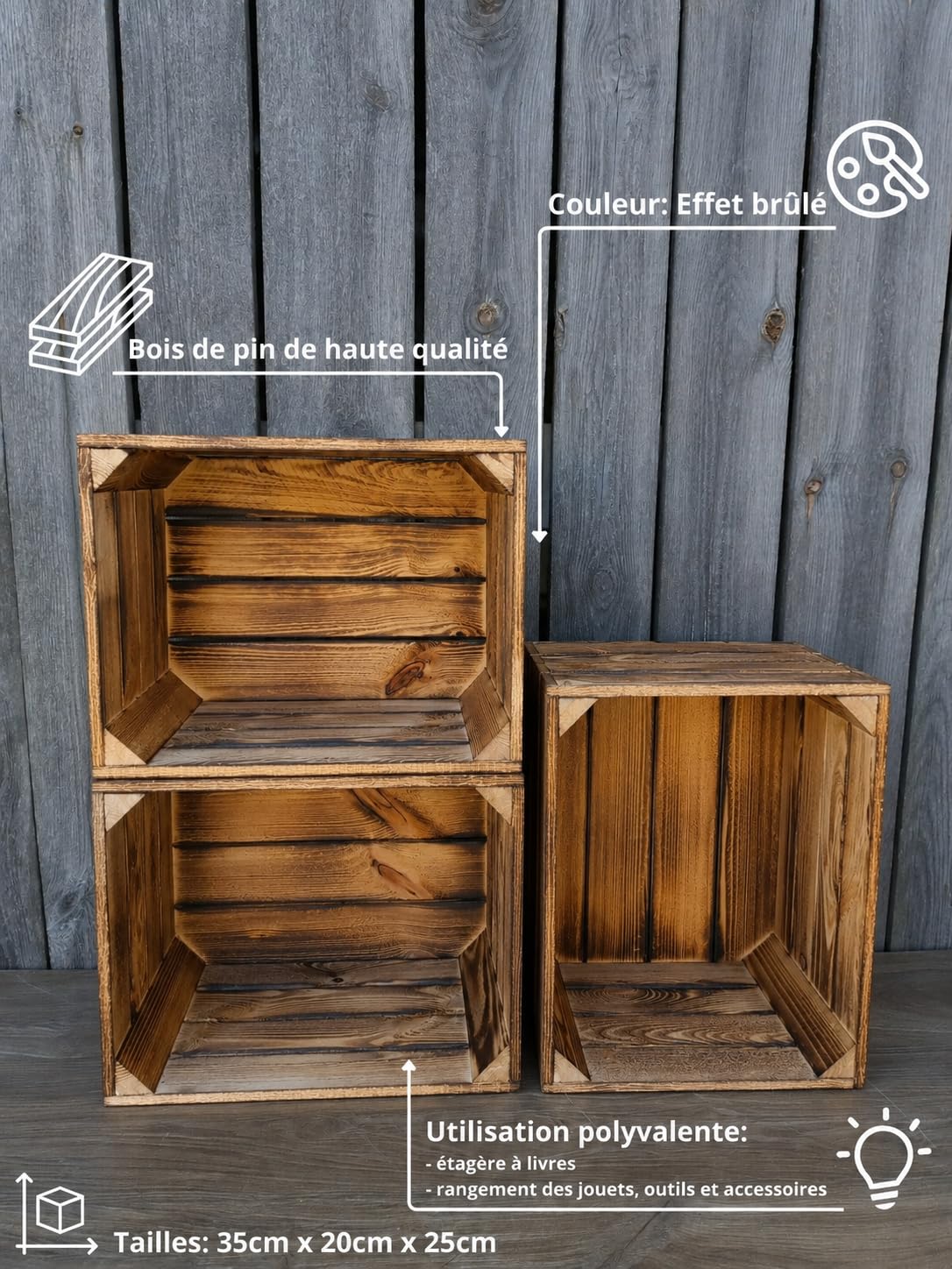 Générique Caisses en Bois Massif pour Rangement et Déco – Lot de 2 à 12 – Effet Brûlé Unique – Empilables – Style Vintage, Rustique, Industriel (Effet brûlé, 6)