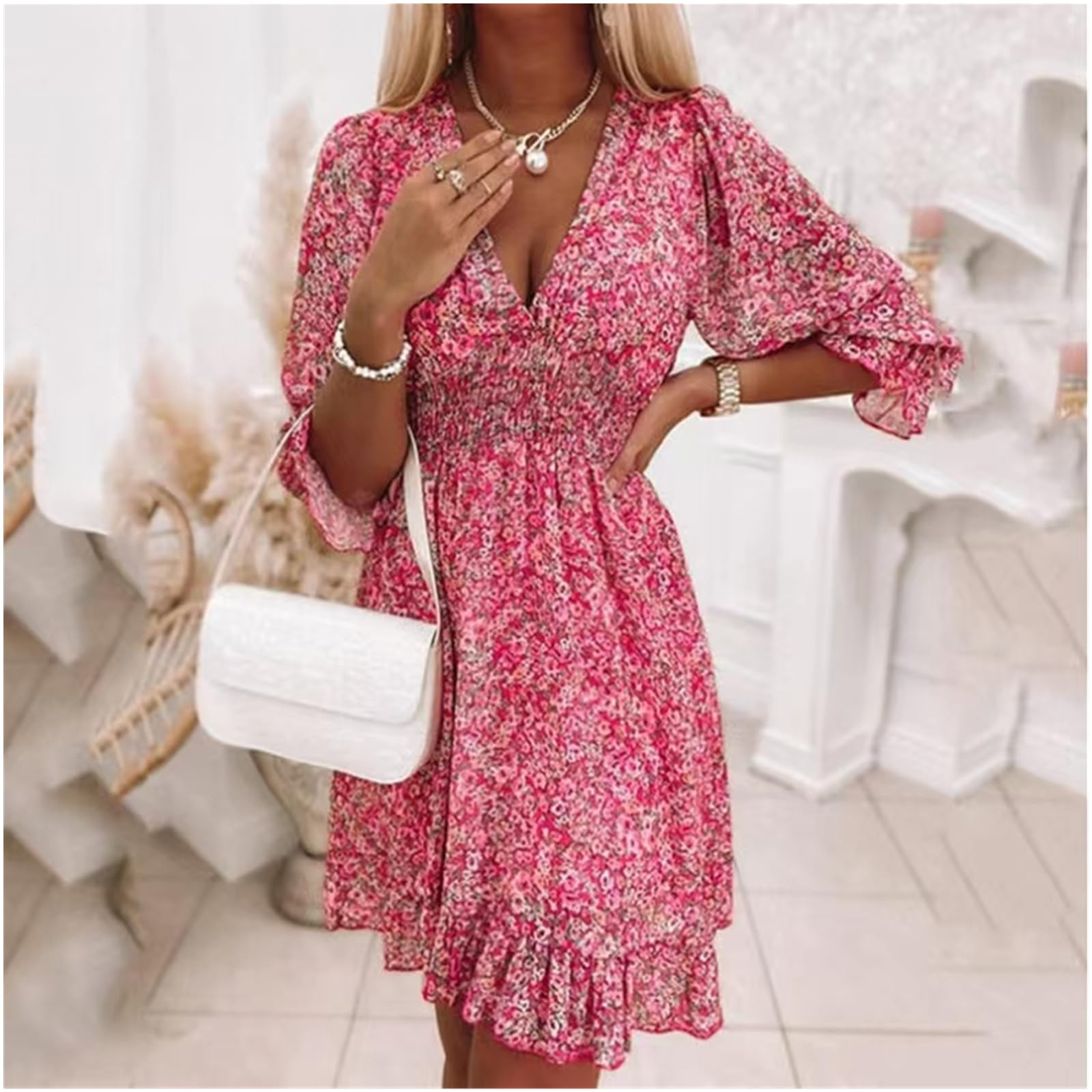 Aumentar el Tamaño de Los Chalecos de Cuello V de Manga de Burbuja de Verano Estampados Vestidos de Manga Corta con Flores Delgadas en Forma de a, HUTALIM, Verde, 3XL