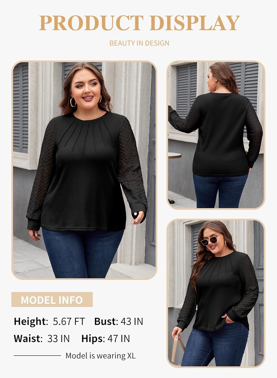 Eytino Womens Plus Size Tops Lace Long Sleeve Waffle T Shirts Casual Crewneck Tunic Tops(1X-5X) - Image 4