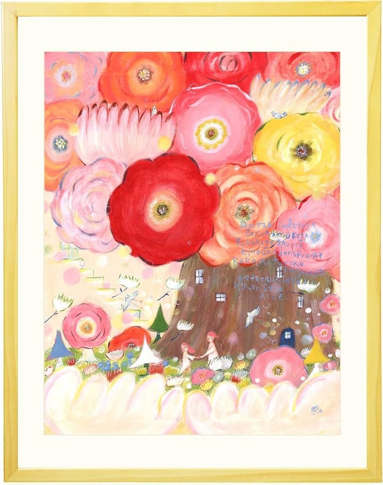 〈額装済み原画〉ピンクの花々／アクリル画　手描き　インテリア　アート 額装済み原画〉ピンクの花々／アクリル画 手描き インテリア アート