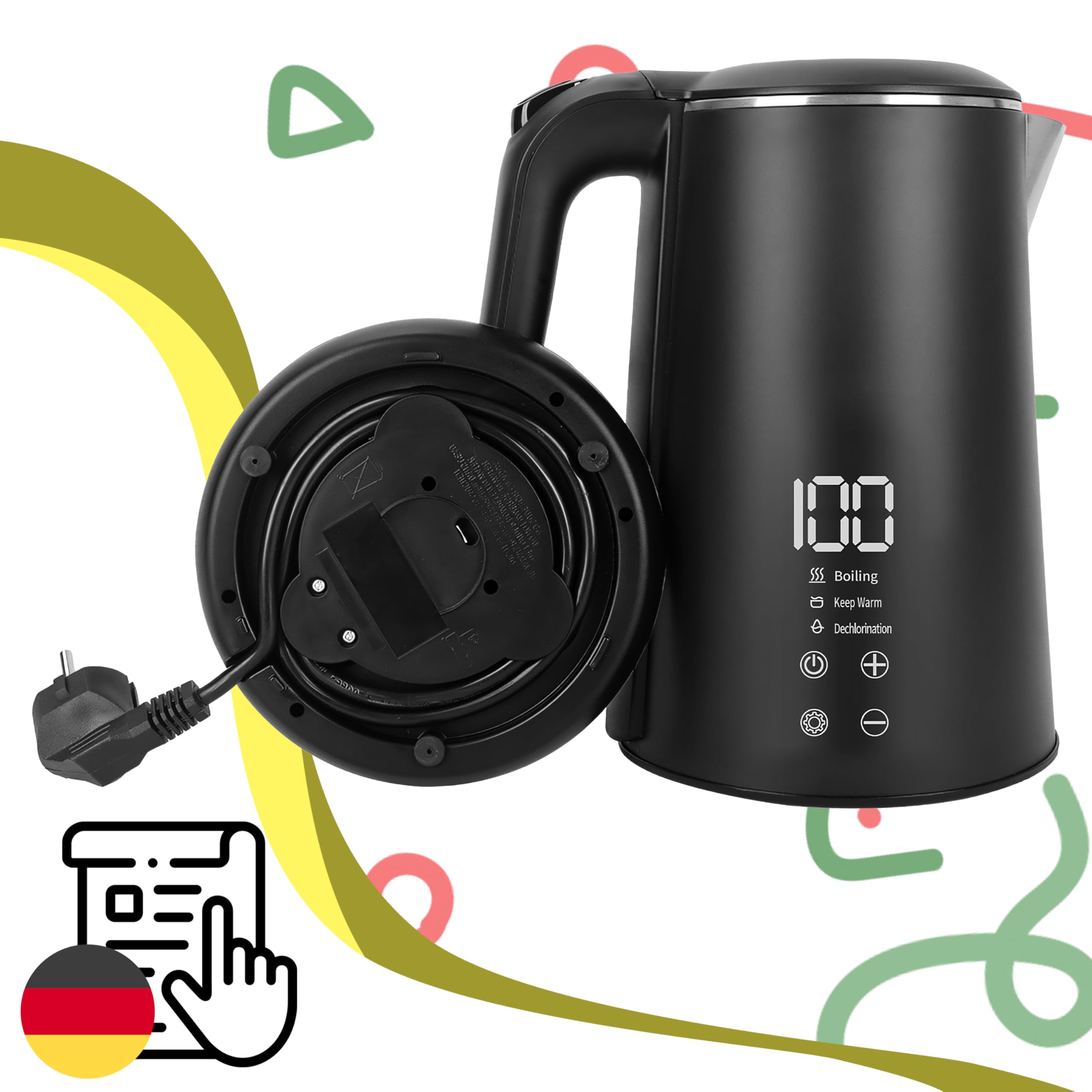 Retoo Hervidor de Agua Eléctrico 1,6L con Pantalla Táctil LED 1500 W, Inalámbrico, Base de 360°, Interior de Acero Inoxidable sin BPA, Varios Niveles de Temperatura, Negro