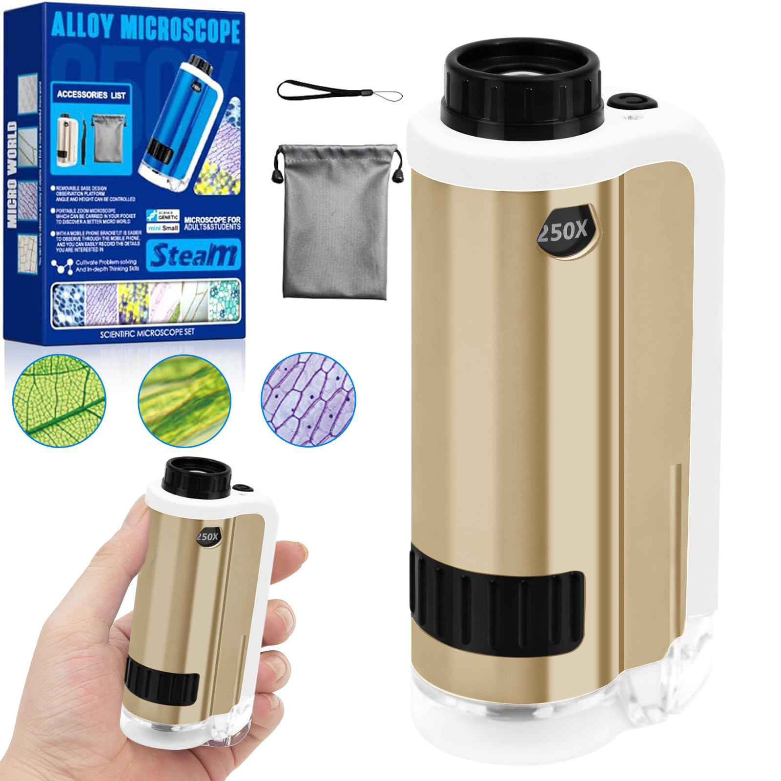 Pocket Microscope for Kids, SETFLAGS Kids Microscope, STEM & Science Toys, 100x-250x Zoom Portable Handheld Alloy Miniscope, Little Scientist Science Kit, Gifts for Ages 6+
