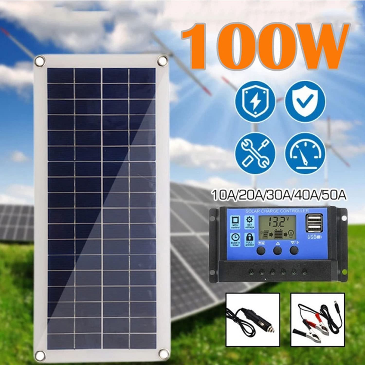 Panel solar flexible portátil con controlador, cargador de batería solar flexible monocristalino de 50 W, kit de módulo de panel solar portátil para el hogar Camper RV Boat and Car…,30Acontro