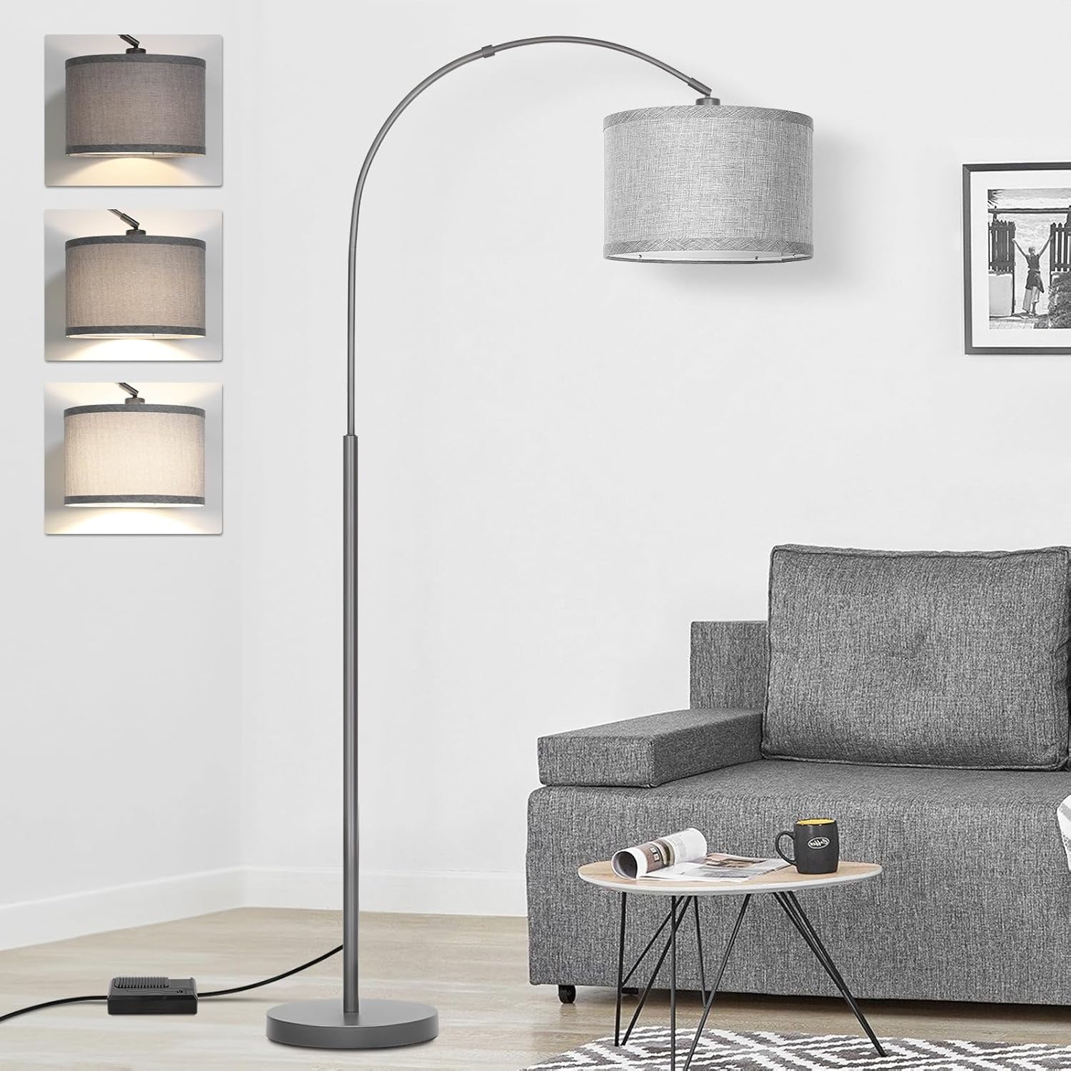 Gold Arc Floor Lamp, Dimmable Floor Lamp for Living Room, Mordern Standing Light with Adjustable Lamp Head, Tall Pole Lamp Over Couch Arched Light for Reading, Bedroom, Office, 9W LED Bulb Included