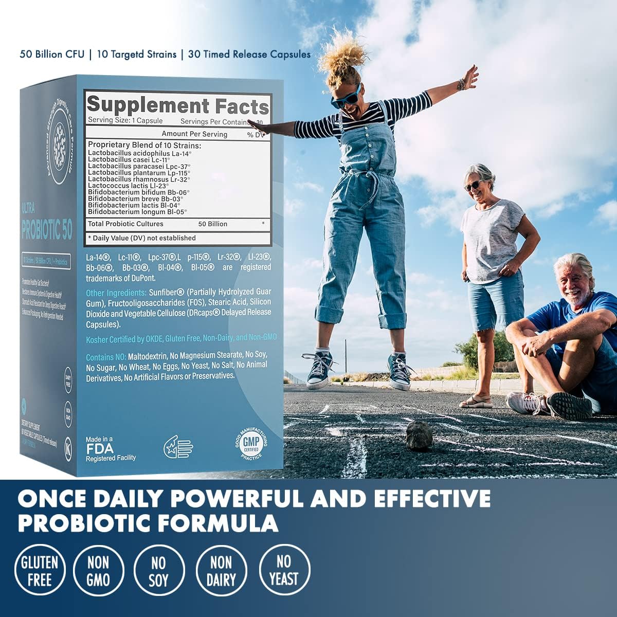 Prebiotics & Probiotics 50 Billion CFU for Women & Men - Time-Release Bifidobacterium Lactobacilli Probiotics for Digestive Health, Bloating Relief, USA-Made, Kosher Live Probiotics with Sunfibre FOS - Image 3