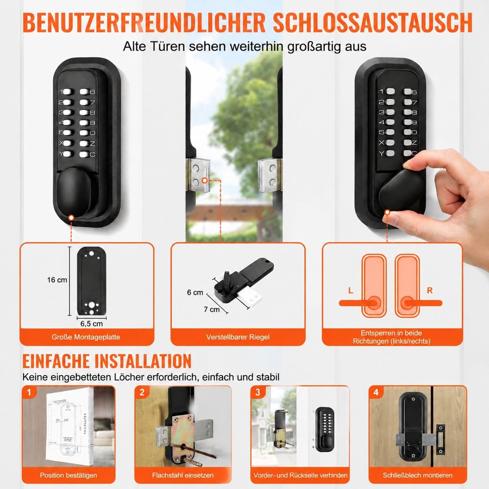 Mechanisches Türschloss mit Zahlencode, Tastatur und Drehknauf, Aufputzmontage, für Garage, Hotel, Büro und Studio