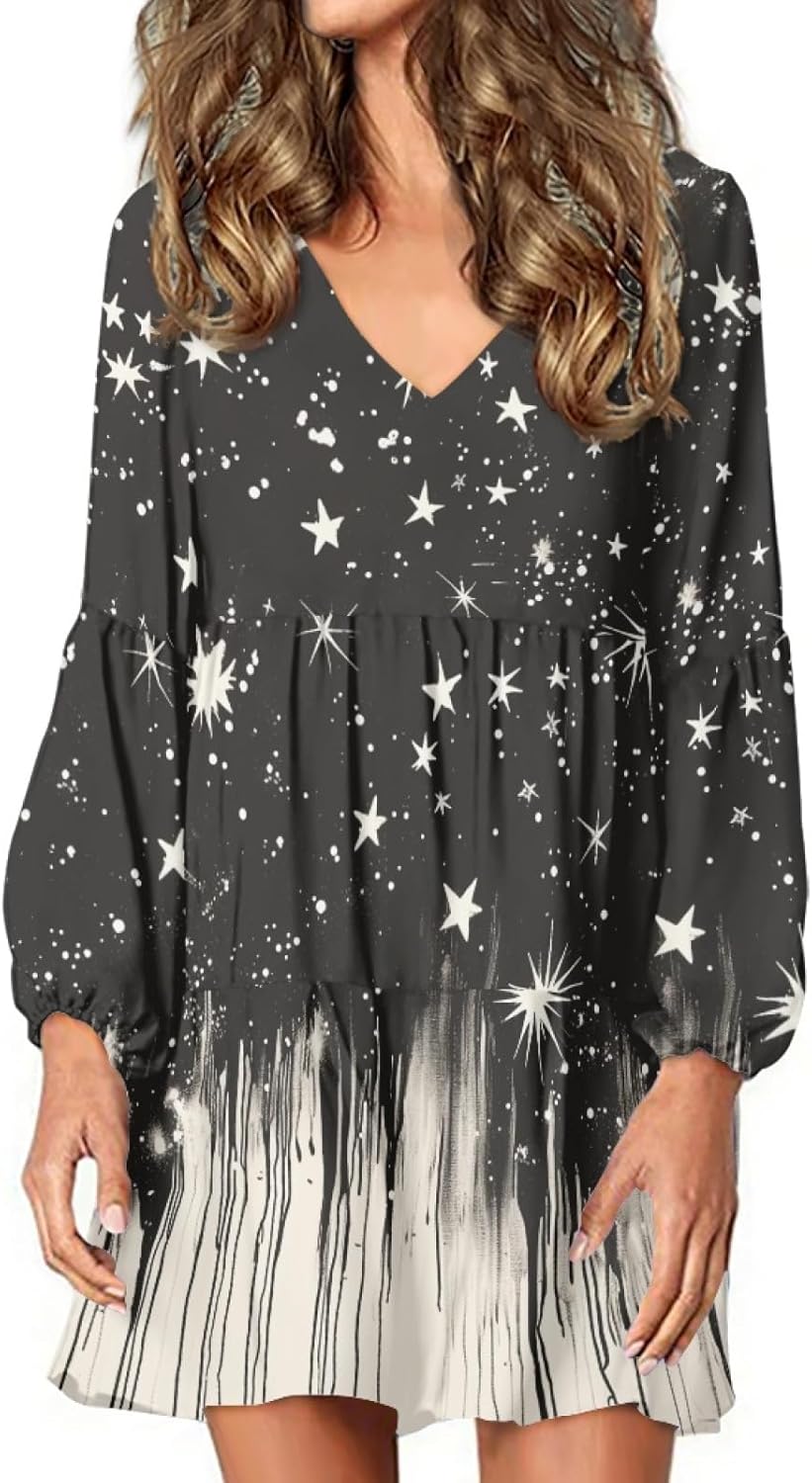 Long Sleeve Dress for Women Floral V Neck Lantern Sleeve Fashion Tunic Dress Knee L...