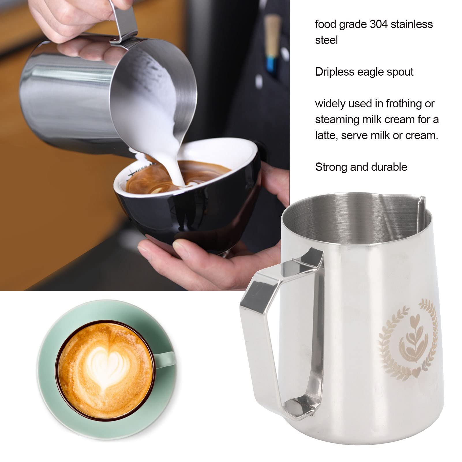 Akozon Apto para Jarra de Espuma, Jarra de 600 Ml, Taza de Espuma de Leche de Acero Inoxidable 304 de Grado Alimenticio con Pico de águila para Latte Art y Preparación de café (Color Original)