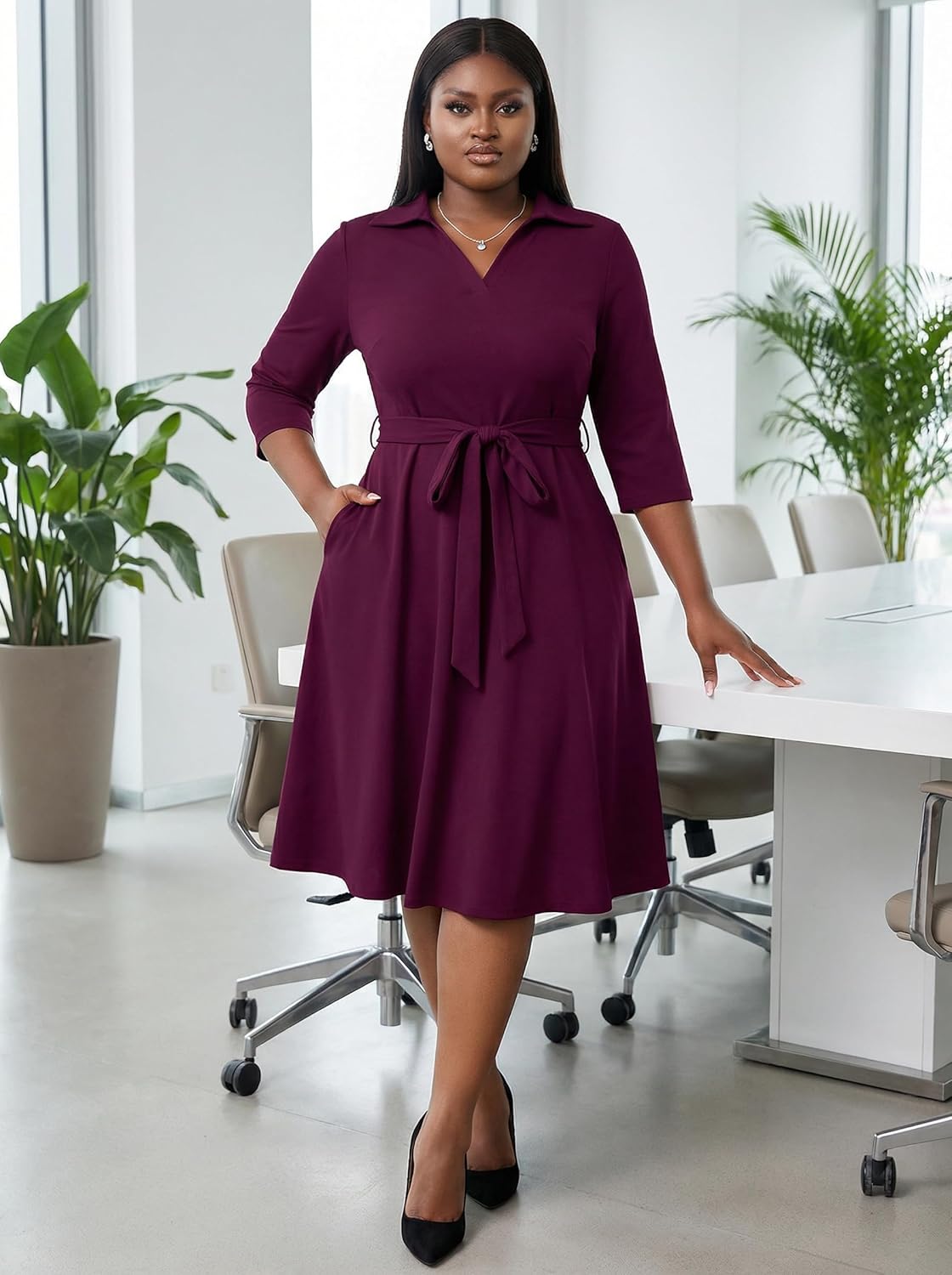 FANDEE Plus Size Midi Dress for Women - Printing Summer Dresses for Wedding Guest Cocktail Party 3/4 Sleeve V Neck(L-5XL) - Image 9