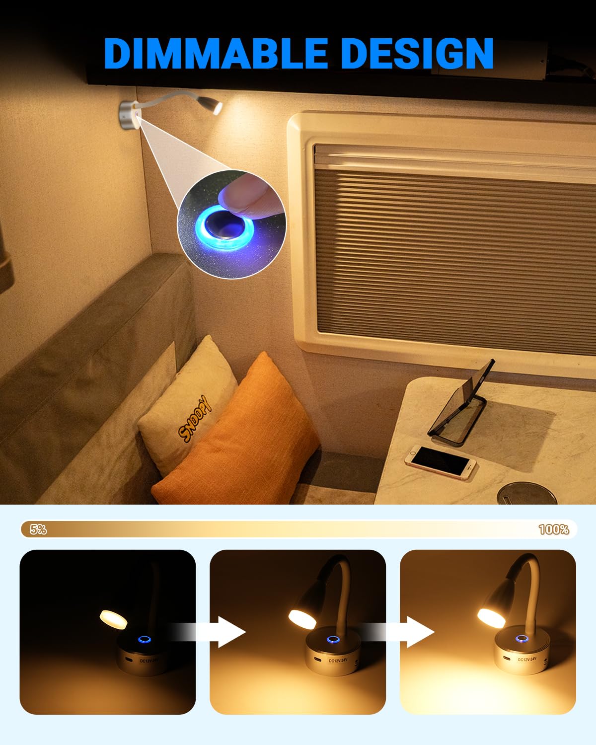 SUPAREE Lampara 12V LED Caravana Lámparas LED 12V Autocaravana Luces LED 12V Camper Cuello de Cisne con puerto USB C Interruptor tactil Regulable 3000K Acrílico 2Pcs