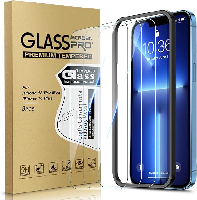 Yastouay Screen Protector for iPhone 13 Pro Max/iPhone 14 Plus 6.7-Inch Tempered Glass, Full Coverage, Easy Installation Kit, 9H Hardness, Anti-Scratch, HD-Clear, Bubble Free, Case-Friendly, 3-Pack