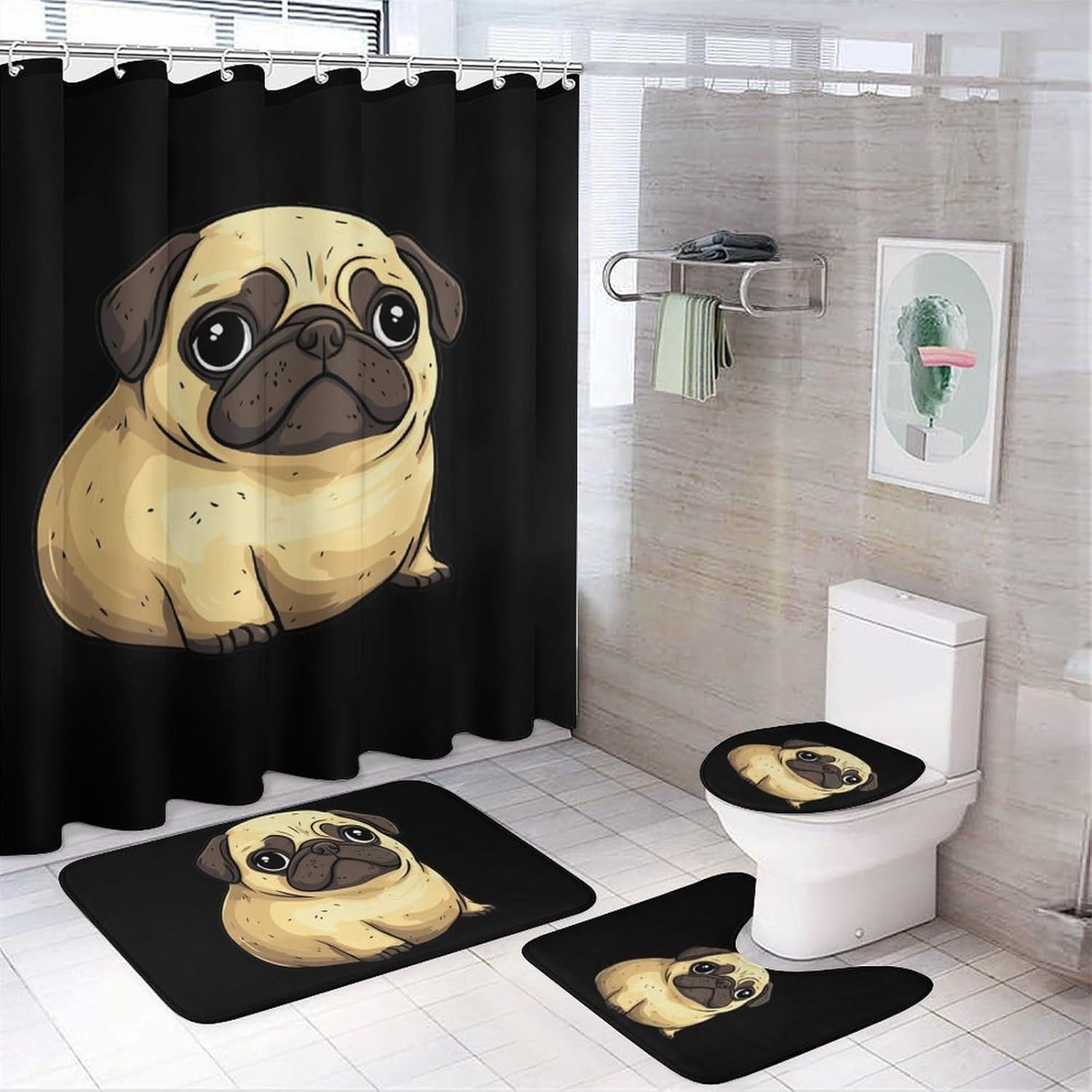 Potato Pug Dog Bathroom Sets with Shower Curtain and Rugs 4 Piece with U-Shaped Floor Mat Toilet Lid Cover