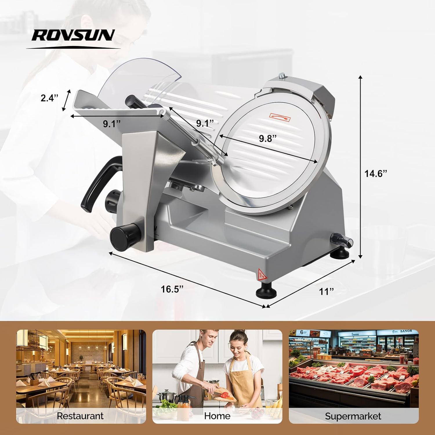 ROVSUN Commercial Meat Slicer,10inch 300W Electric Deli Slicer Machine with Upgraded Carbon Steel Blade, Frozen Food Slicer with Adjustable Thickness(0-12mm), ETL Certified for Home & Commercial
