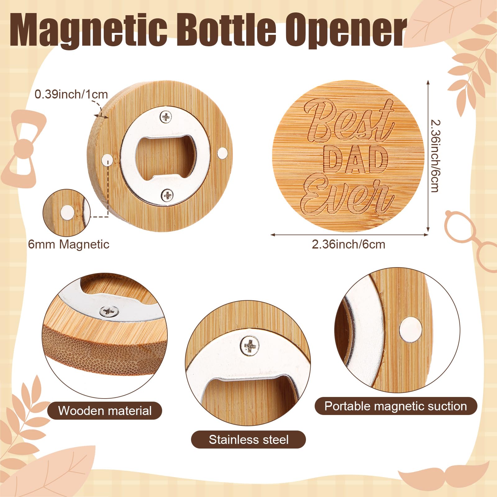 Mifoci 30 Pcs Father's Day Magnetic Bottle Opener Bulk Engraved Bamboo Round Shape Beer Openers with Round Perforated Sheet Drawstring Bag Hemp Rope for Father's Day Gifts Beer Lover