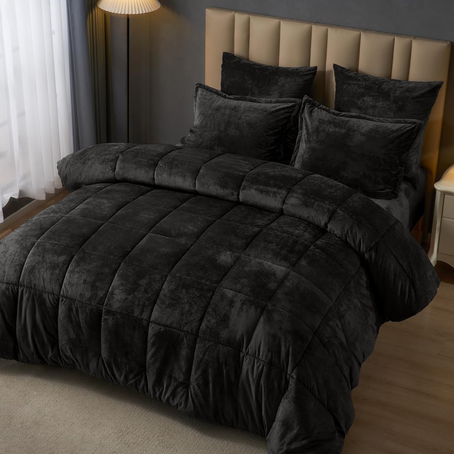 PHF Double-Sided Velvet Comforter Set King Size, 5 Piece Soft Luxury Winter Warm Bedding Sets, Modern Bed in A Bag Including 1 Cozy Comforter, 2 Pillow Shams, 2 Euro Shams for Home Decor, Black - Image 3