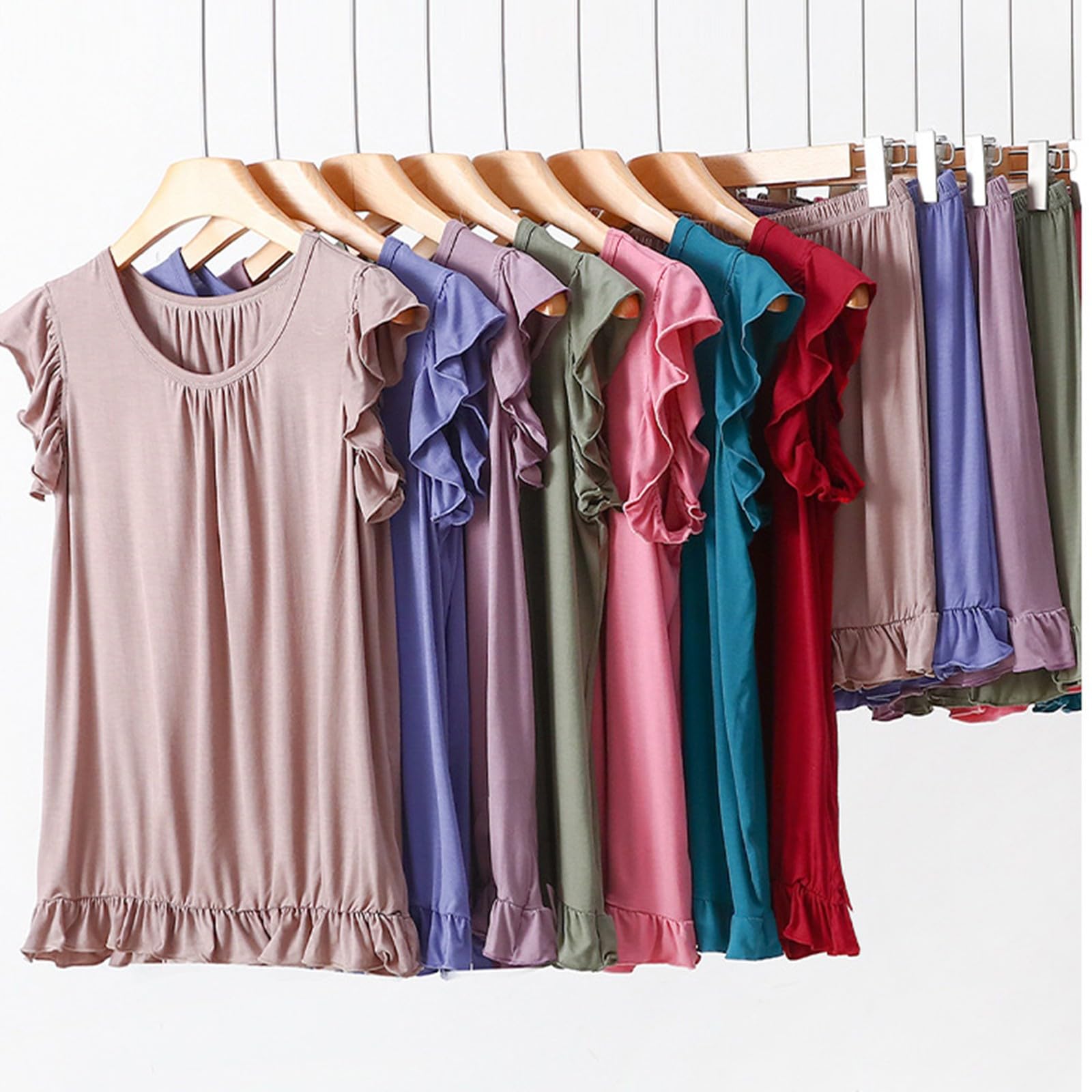 Genérico Conjunto de Pijama de algodón para Mujer, Top Cuello Redondo con Mangas de Volantes y Shorts con Cintura elástica (Verde X)