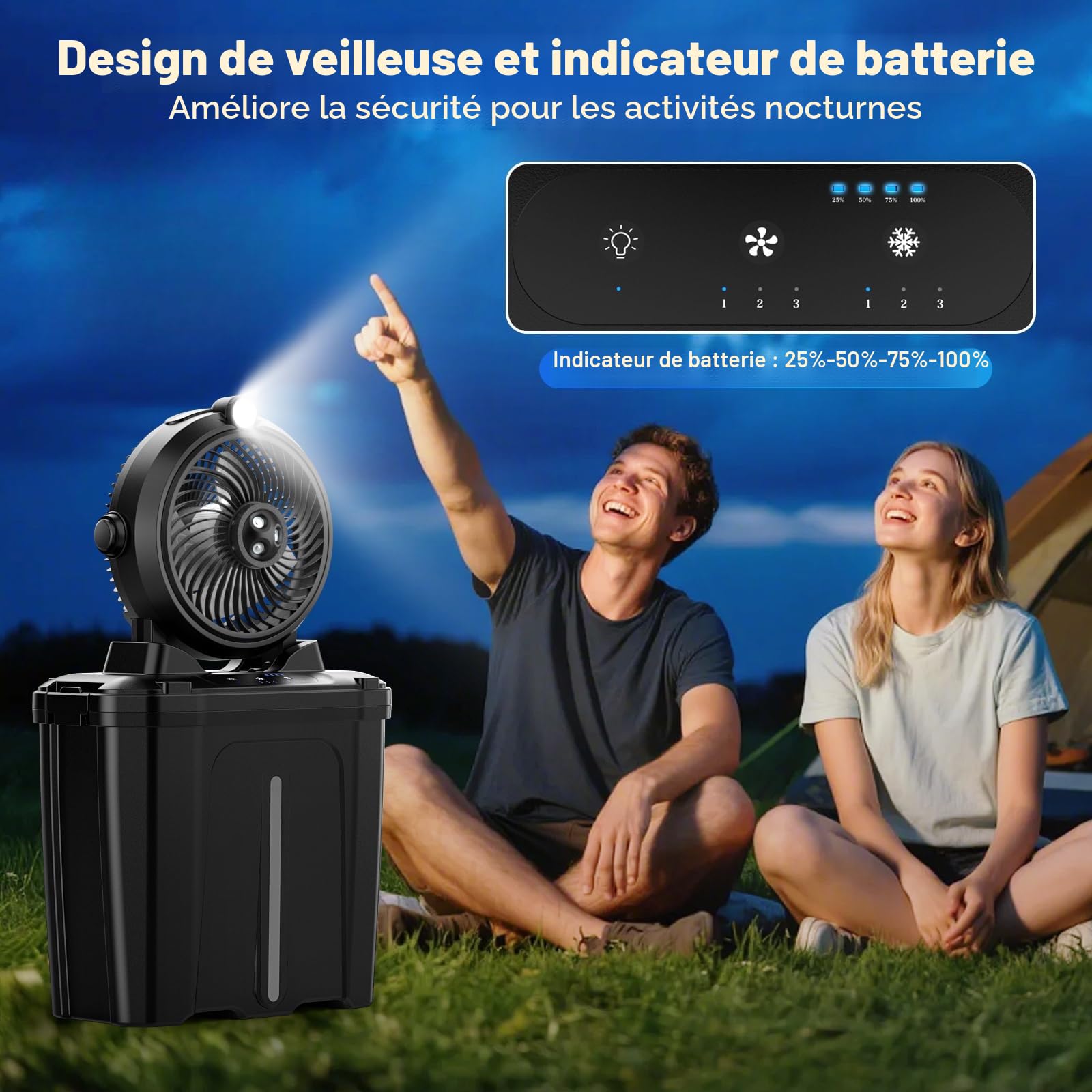 Ventilateur Brumisateur Camping avec Seau de 11L & LED, 20000mAh Batterie Ventilateur Portable, 3 Vitesses, 3 Modes de Brumisation, Oscillation Verticale à 45°, Camping/Pêche/Voyage