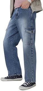 Men's Loose Baggy Fit Washed Cargo Jeans with 6 Pockets Non-Stretchable