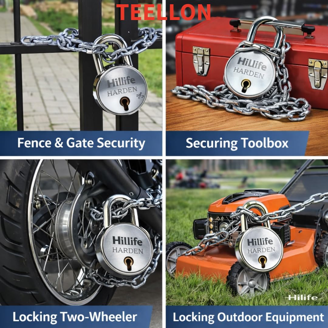 TEELLON® HiLife Harden-65 Round Padlock with 3 Feet (5mm) Heavy Duty Strong Metal Chain with Lock 8 Steel Levers, Double Locking Lock with 3 Keys for Home Main Door, Channel Gate Shutters/Godowns — Amazon image 4