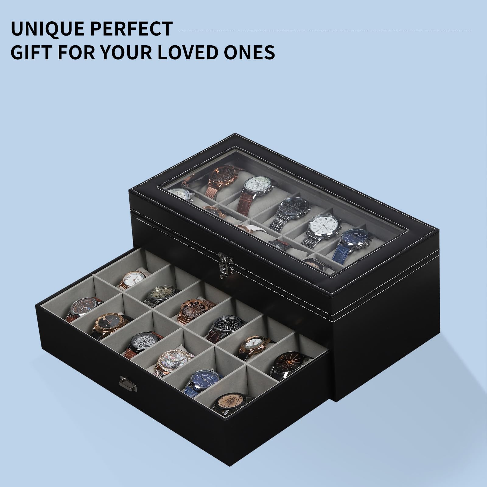 AUTOARK MKAW037 MKAW037 - Scatola per 24 orologi in pelle e velluto, con parte superiore in vetro, con chiusura a chiave, per riporre i gioielli, con cuscini rimovibili grigi