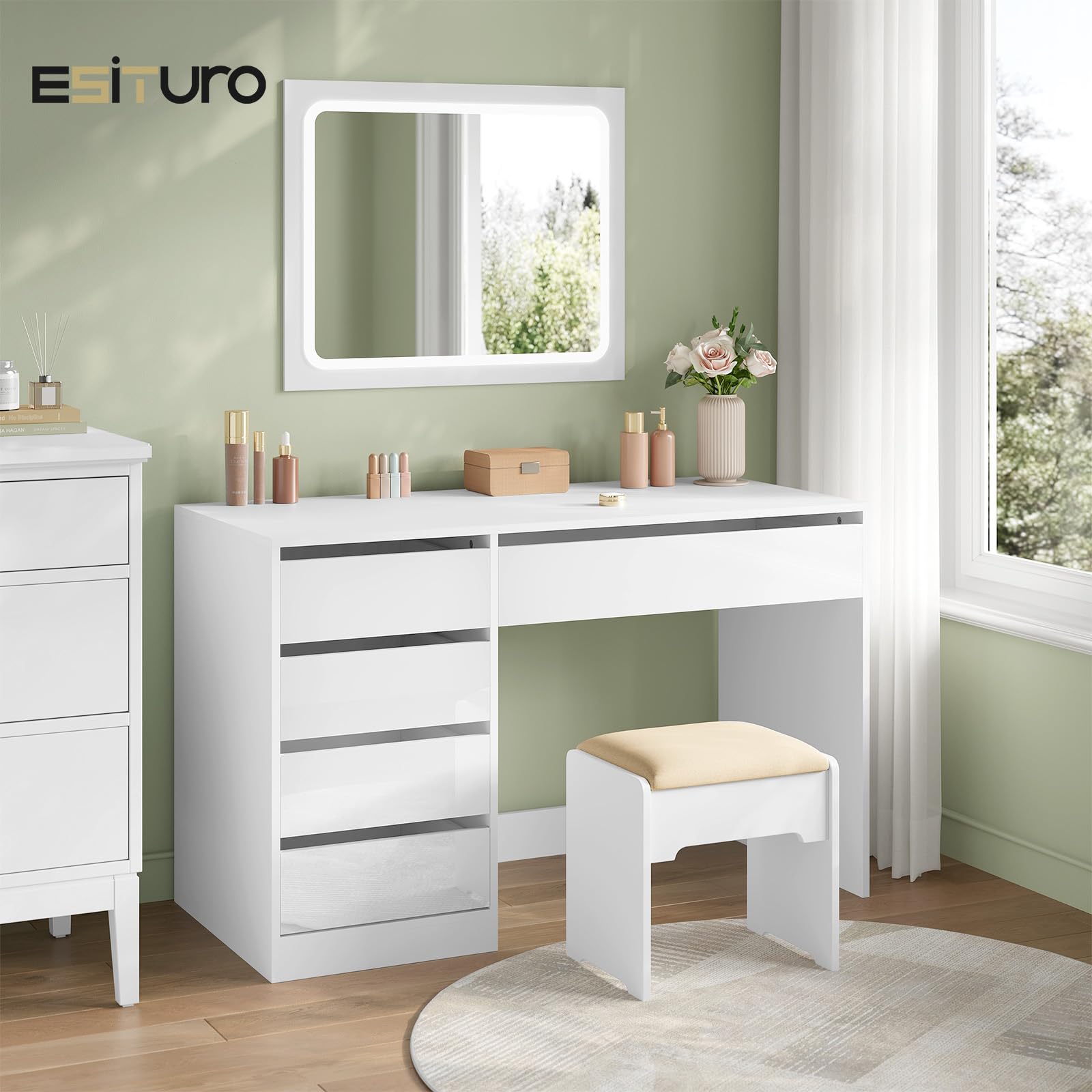 eSituro Scrivania Trucco, 120x55 cm, Toeletta con 5 Cassetti senza Specchio, Scrivania da Ufficio per Computer, per Ufficio, Studio e Camera da Letto, Bianco Brillante