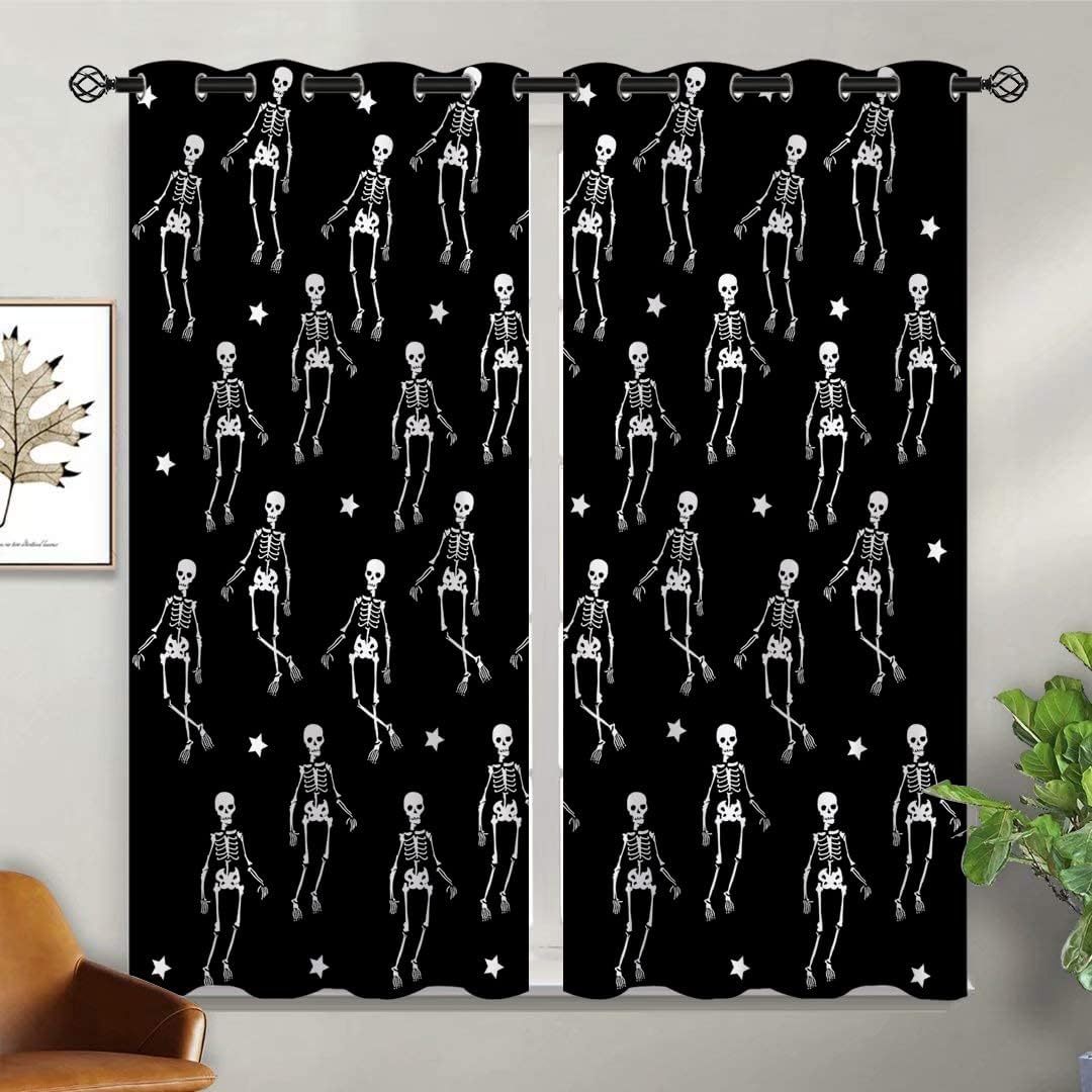 Skeleton Blackout Curtains for Girls Boy Home Decor, Halloween Ghost Dance Gothic Skull Star Grommet Thermal Insulated Drapes Darkening Window Curtain for Bedroom Living Room, 42 x 45 Inch