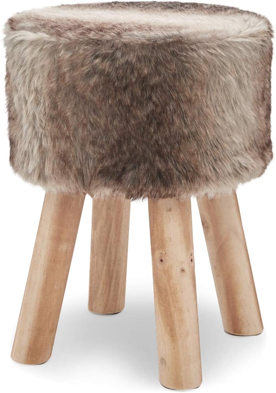 Suhu Fur Foot Stool Rest Ottoman Salon Taburete Fauxfur Stools Chair for Living Room Bedroom Vintage Poffee Seat Stool Round 4 Wooden Legs Brown