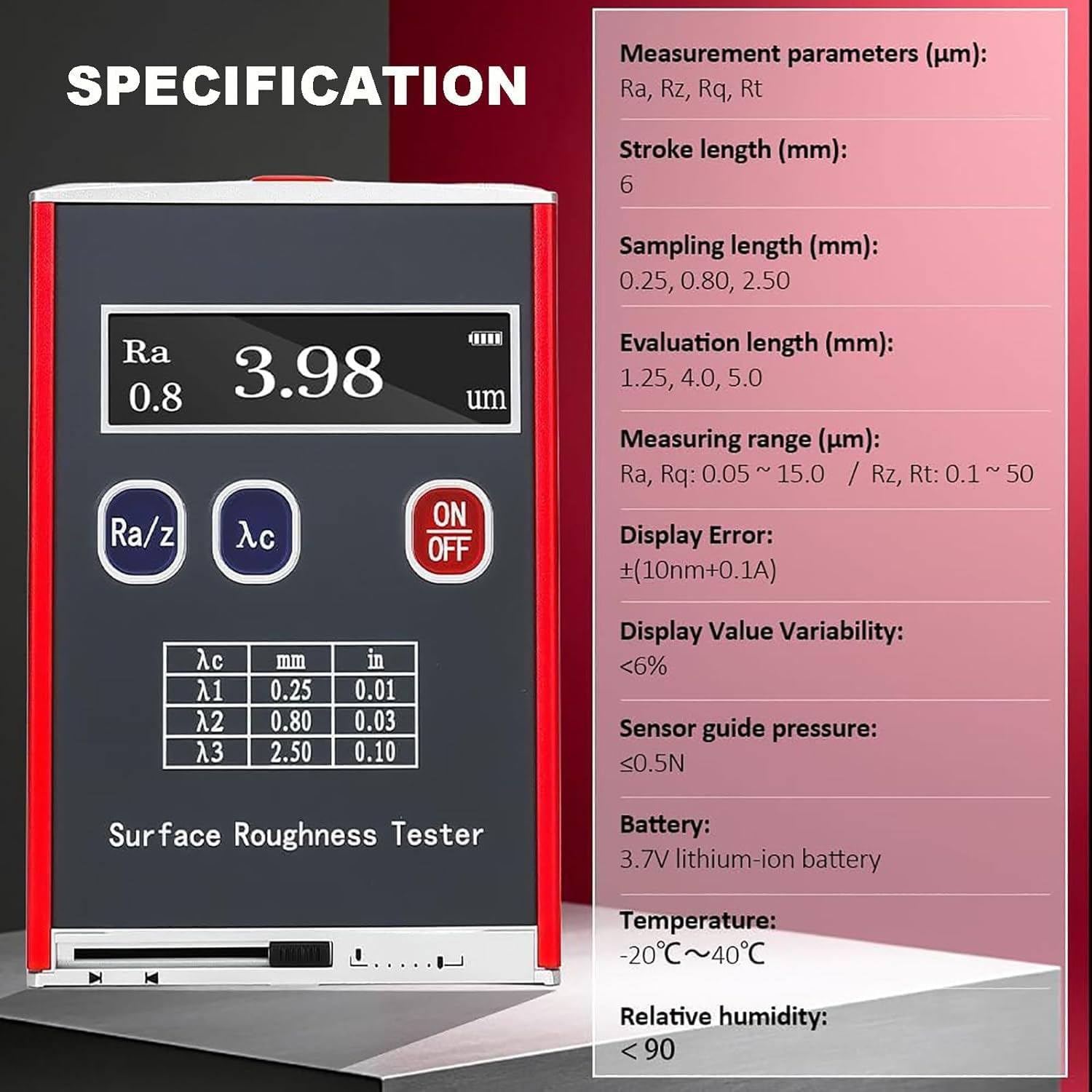 Rugosímetro Portátil para Superficies, Medidor Digital con Pantalla LED, 4 Parámetros de Prueba, 0,01 μm de Precisión, para Mediciones Precisas en Superficies Variadas