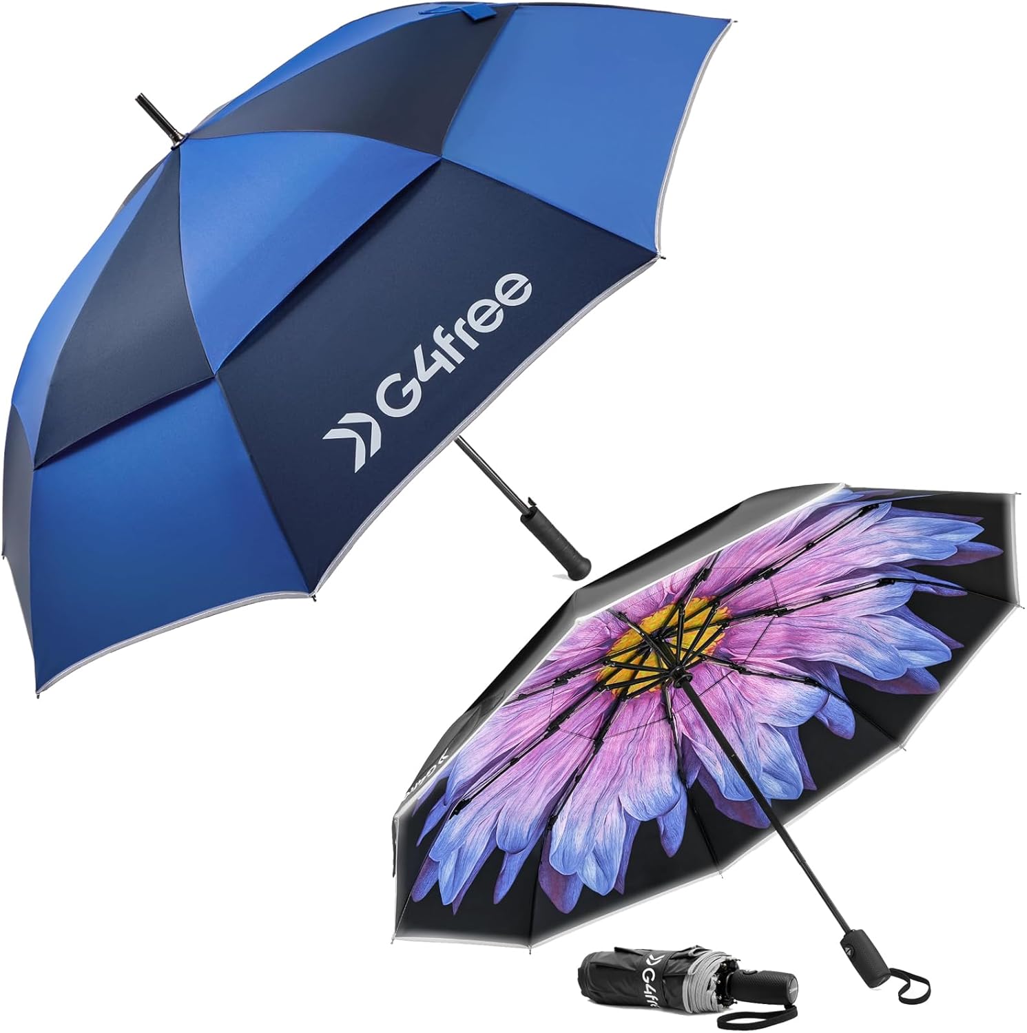 G4Free 62" Ultra Lightweight + 42” Compact Strongest Windproof Double Canopy Auto Open Umbrellas with Reflective Strip