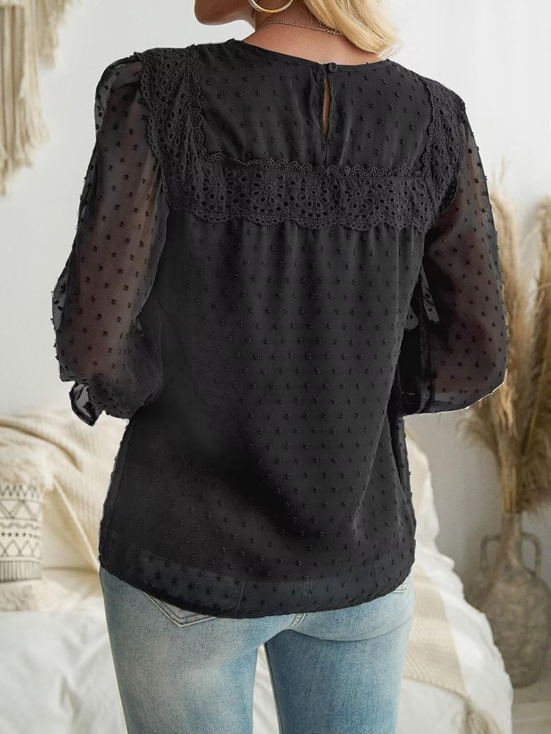 Womens Tops Long Ruffle Sleeve Shirts For Women Dressy Casual Cute Crewneck Blouses Crochet Hollow Top 2024 Fall - Image 3