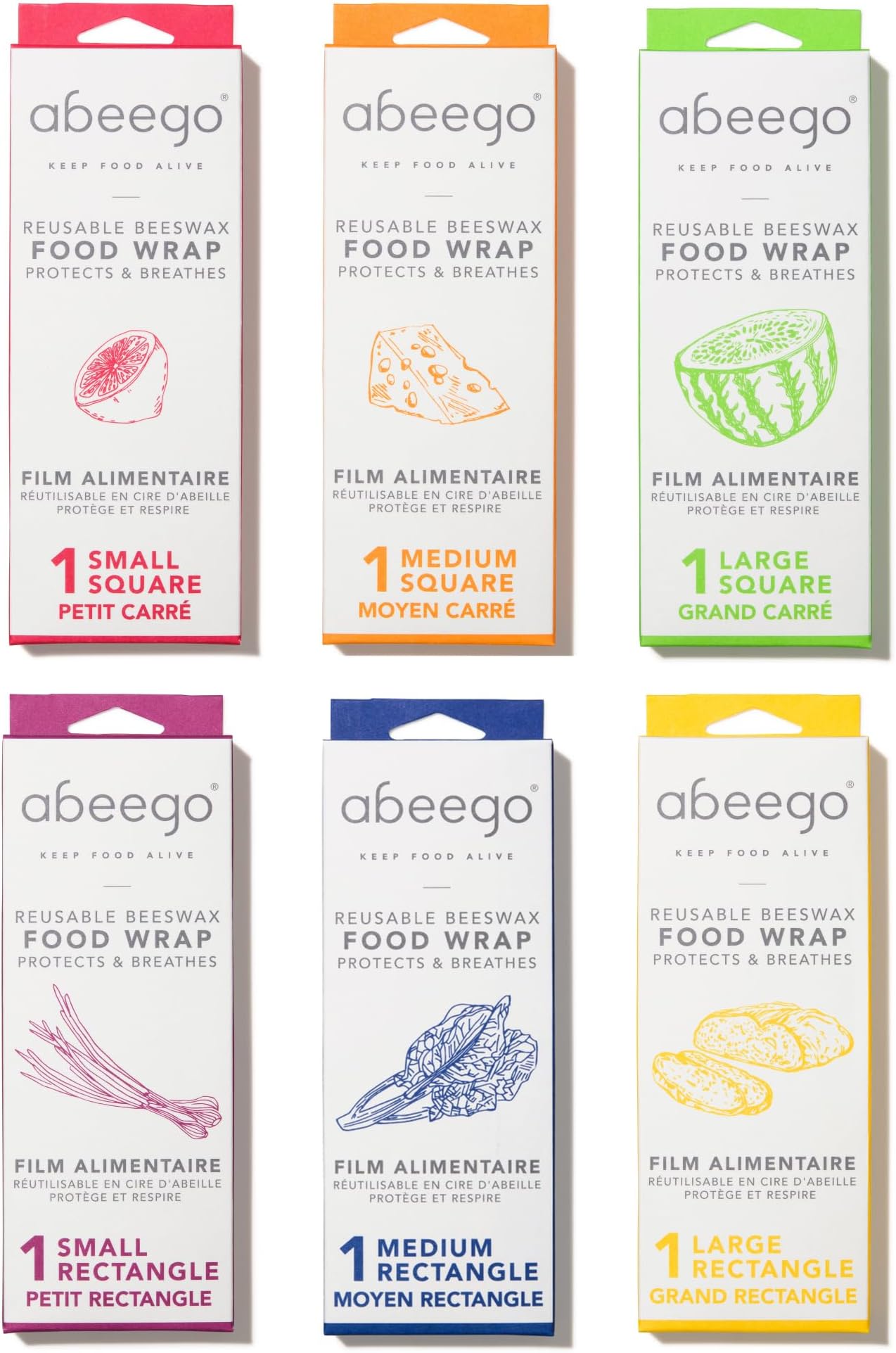 The Original Beeswax Food Storage Wrap - The Foundation - Bundle of 6 Variety Square and Rectangle Sheets (S,M,L)
