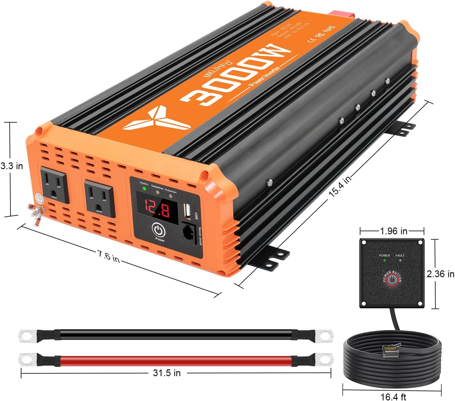 3000W Inverter 12V DC to 110V AC Converter for Home, RV, Truck, Off-Grid Solar Power Inverter with Built-in 5V/2.1A USB, AC Hardwire Port, Remote Controlle