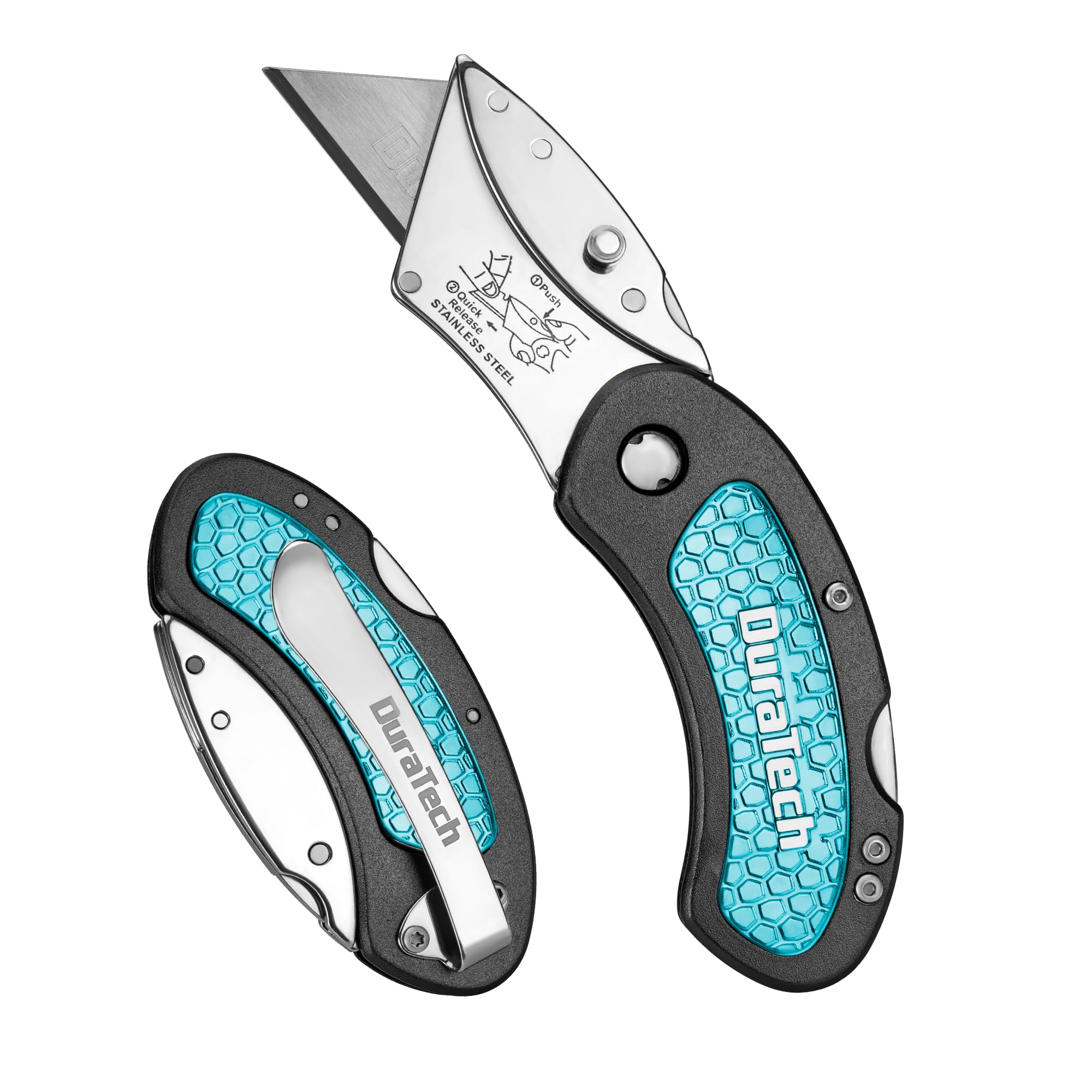 DURATECH Cutter Plegable Multifunción de 85 mm, Cuchillo Cúter Pequeña con Cambio Rápido de Cuchilla, Mini Navaja Portátil con Clip de Cinturón para Papel, PVC, Alfombra, Cartón y Cuero