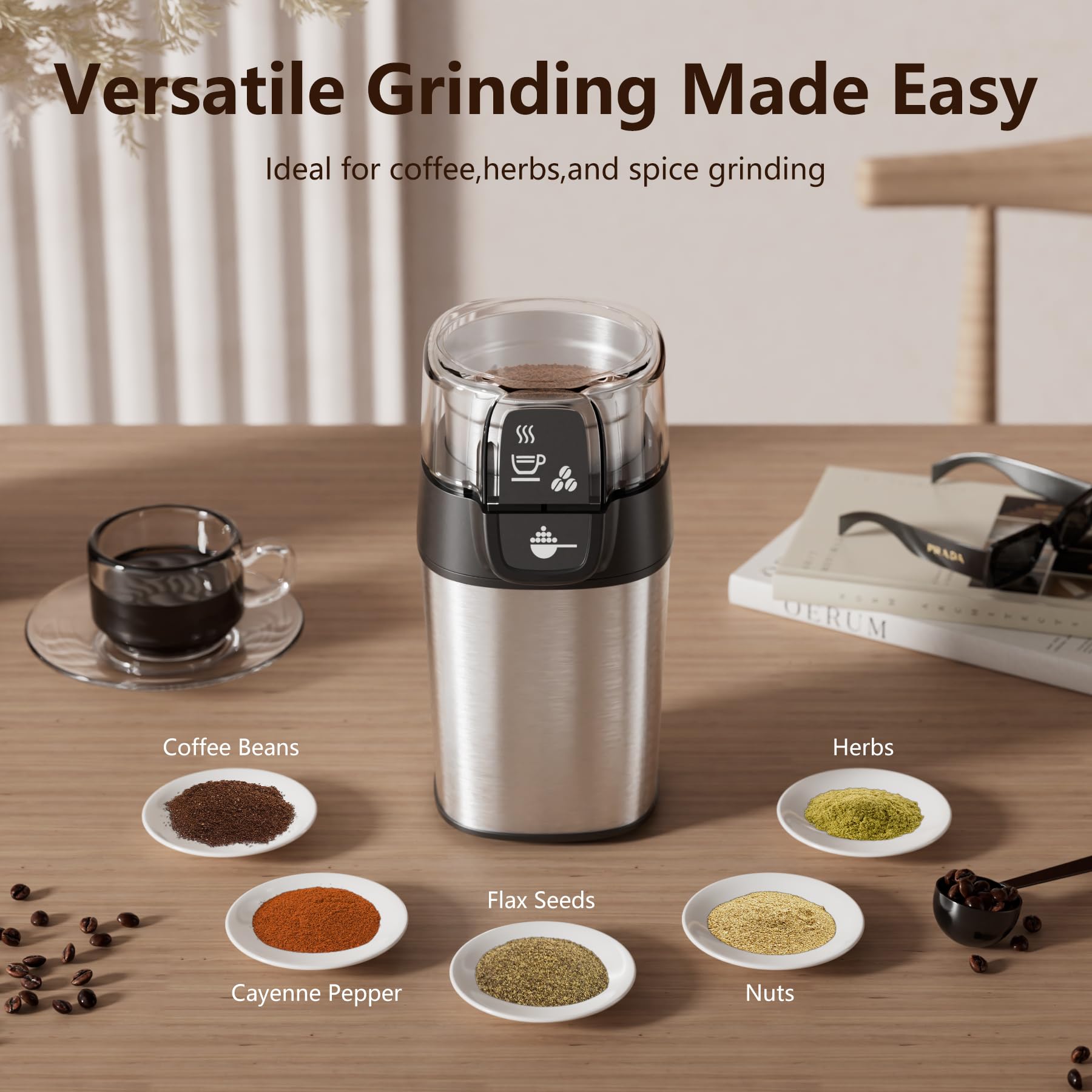 QEXREED Macina Caffe' Elettrico 200W, Macinacaffè Elettrico con Contenitori Rimovibili in acciaio inossidabile, 70g Capacità, per Chicchi di Caffè, Spezie, Cereali, Pepe, Noci