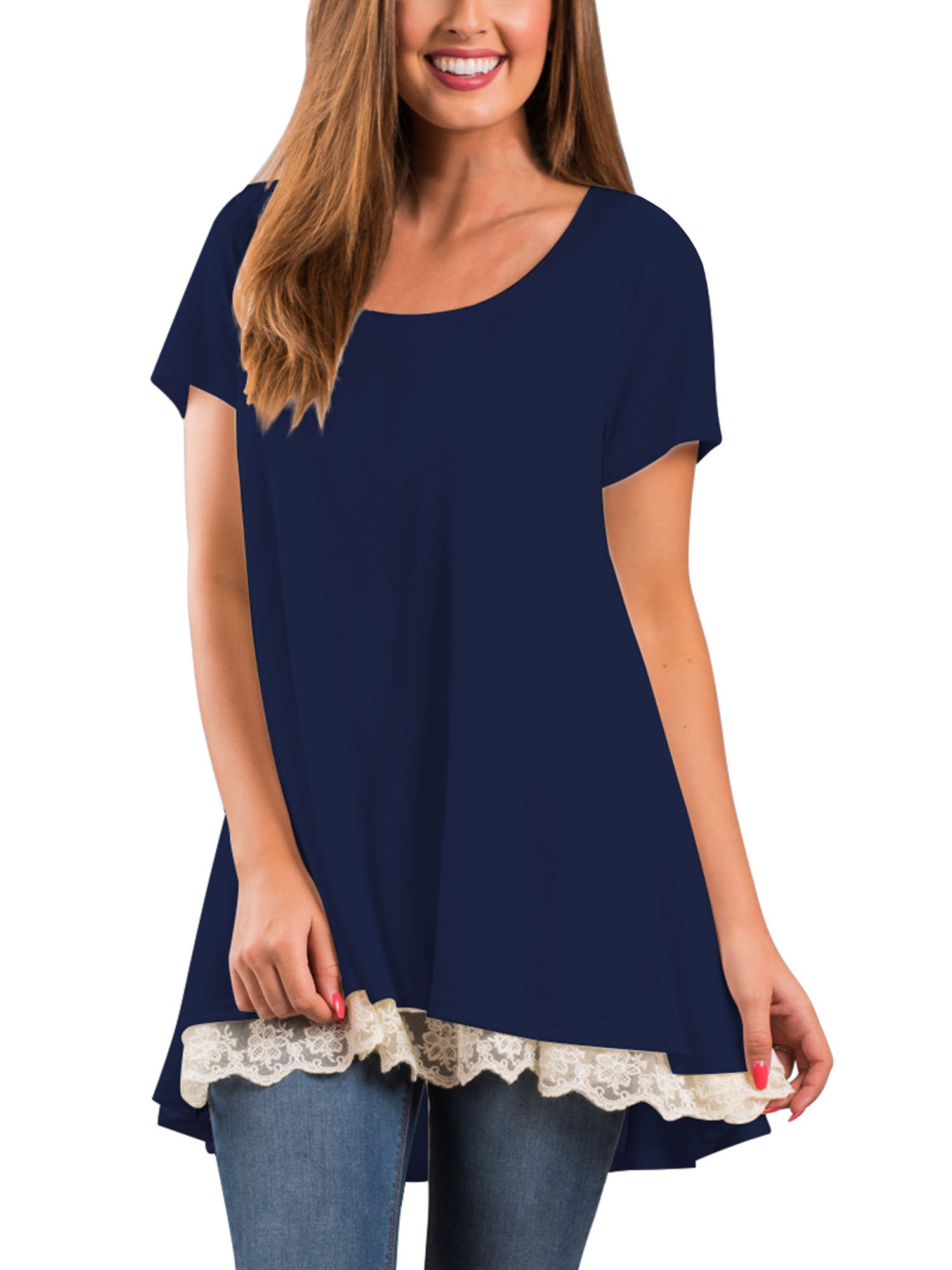 Veranee Women's Long Sleeve Round Neck Lace Splicing Casual Swing Tunic Shirts