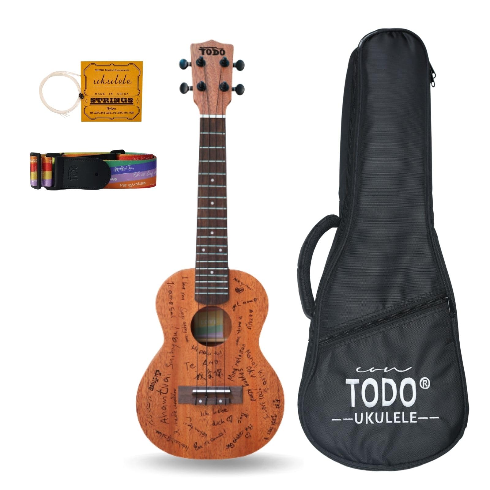 TODO Ukulele da concerto in mogano massiccio, 58 cm, The Love, ukulele per adulti e principianti, con corde in carbonio, borsa, tracolla