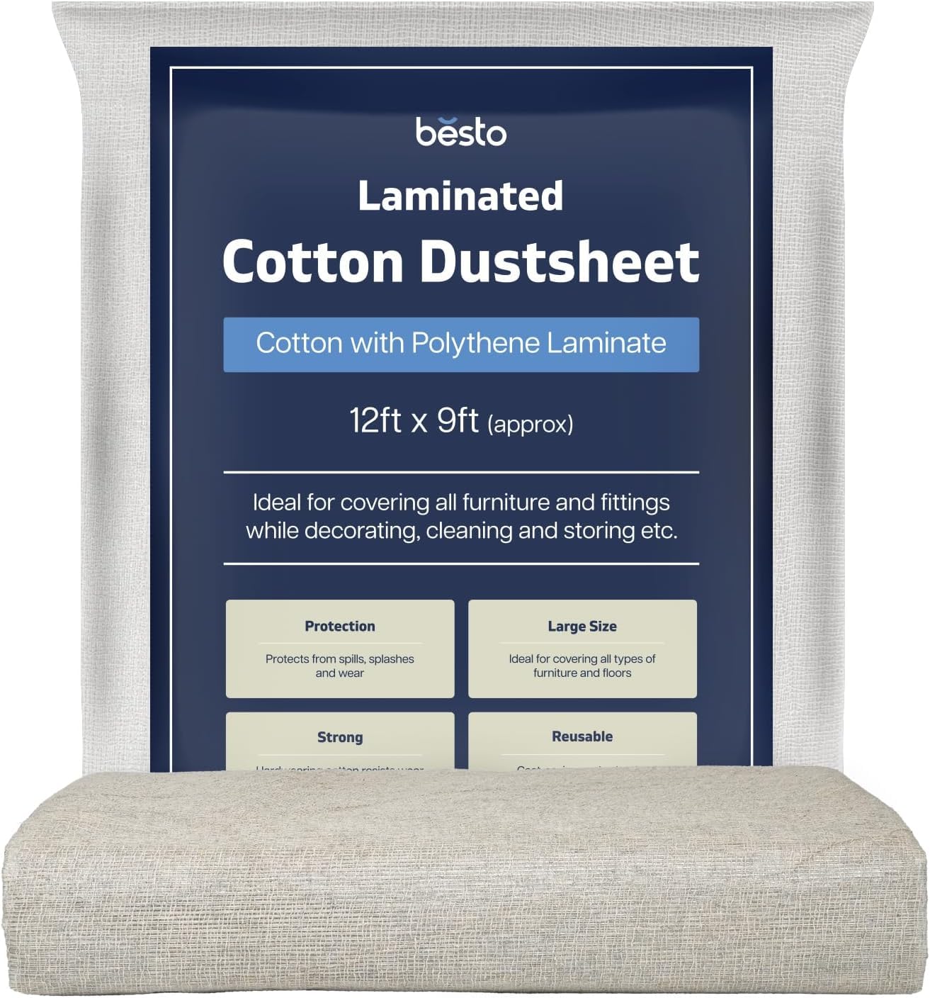 Besto Beige Dust Sheets For Decorating Waterproof 12Ft X 9Ft Twill Laminated Polythene Backed Reusable Paint Sheets For Furniture, Painting, Floor, Staircase And Diy Projects