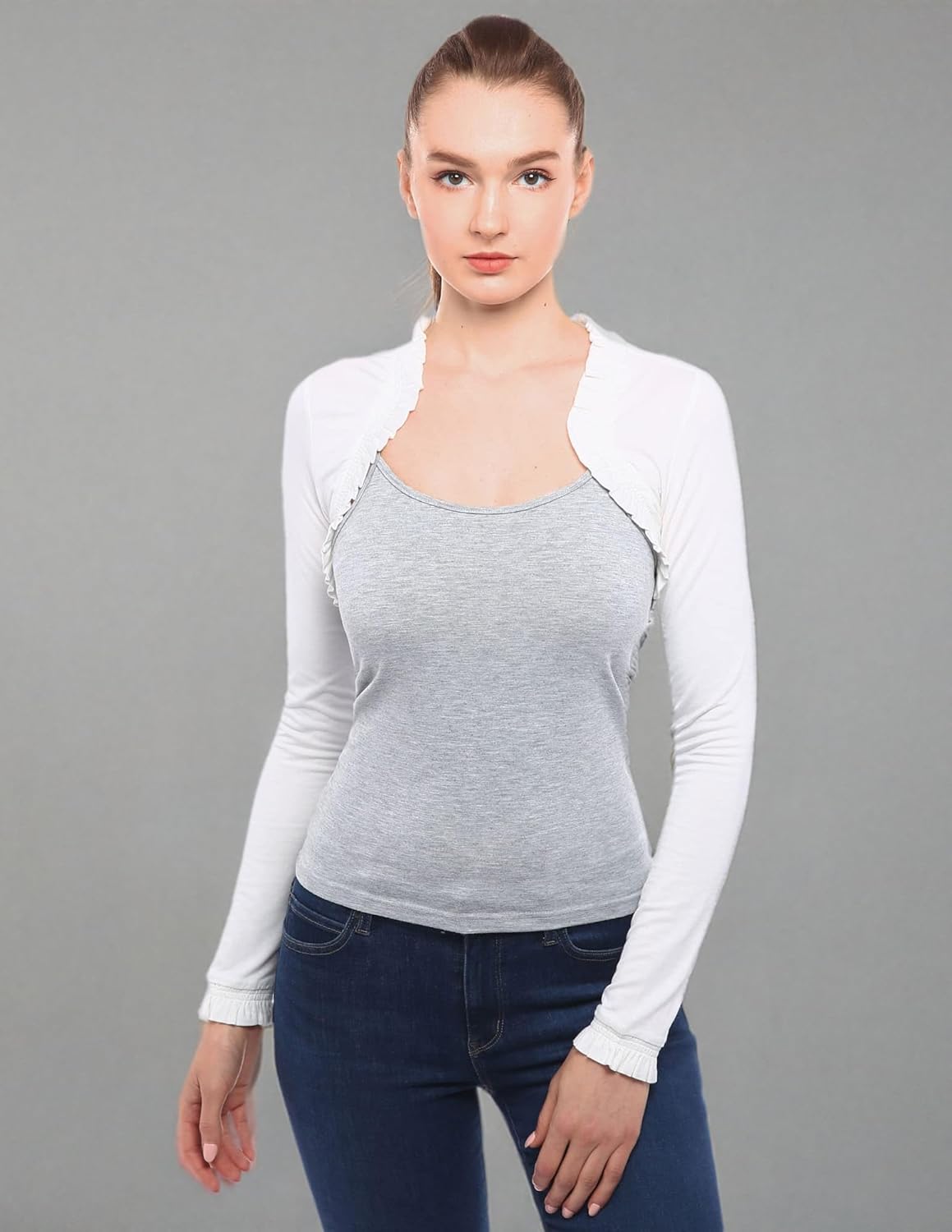 AmélieBoutik Women Ruffle Trim Long Sleeve Bolero Shrug Cropped Jacket - Image 6