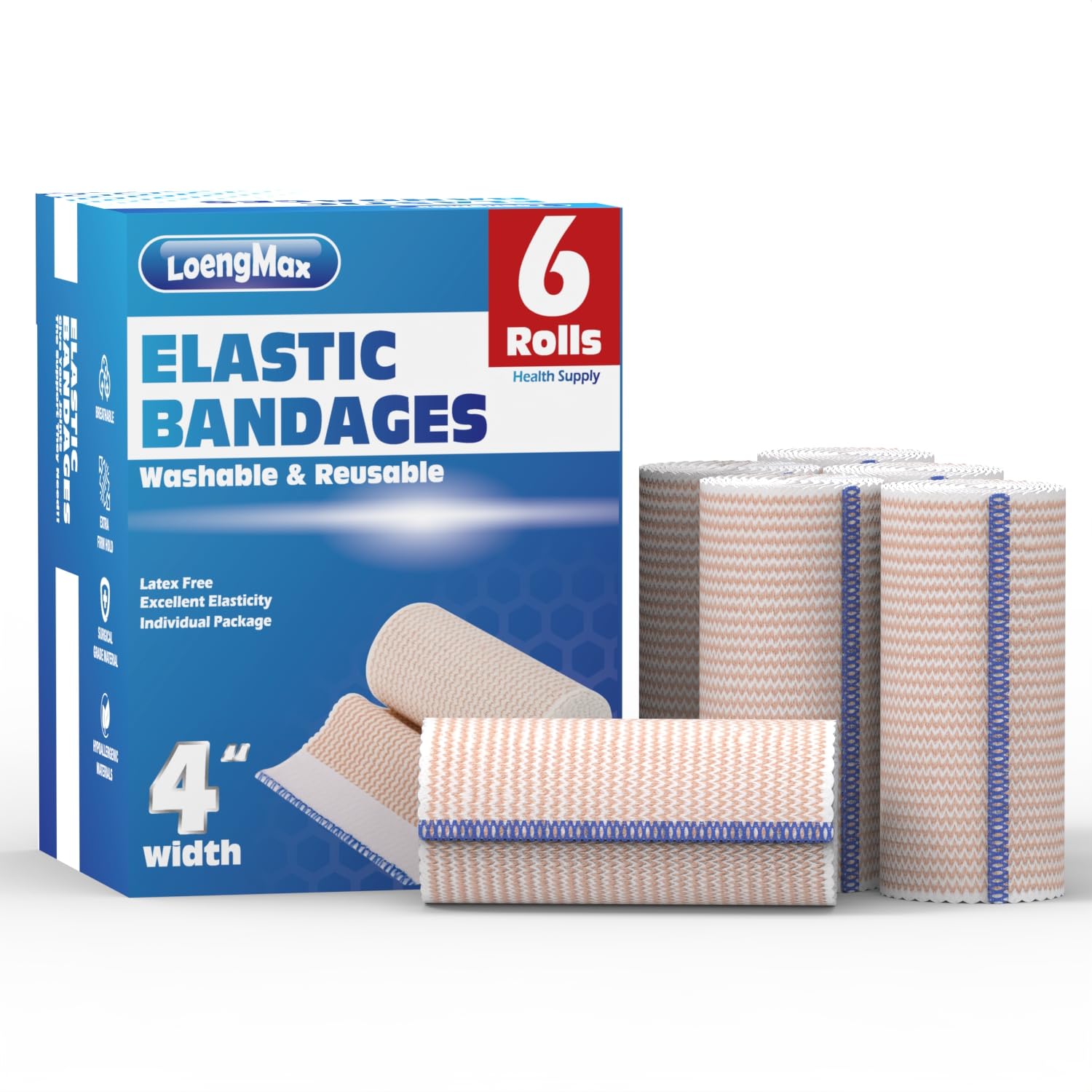 Vendaje elástico de 4 pulgadas de ancho, paquete de 6 | Vendaje de compresión de alto rendimiento | Reutilizable | Excelente elasticidad para piernas, tobillo, rodilla, barriga, cuerpo, muñeca |