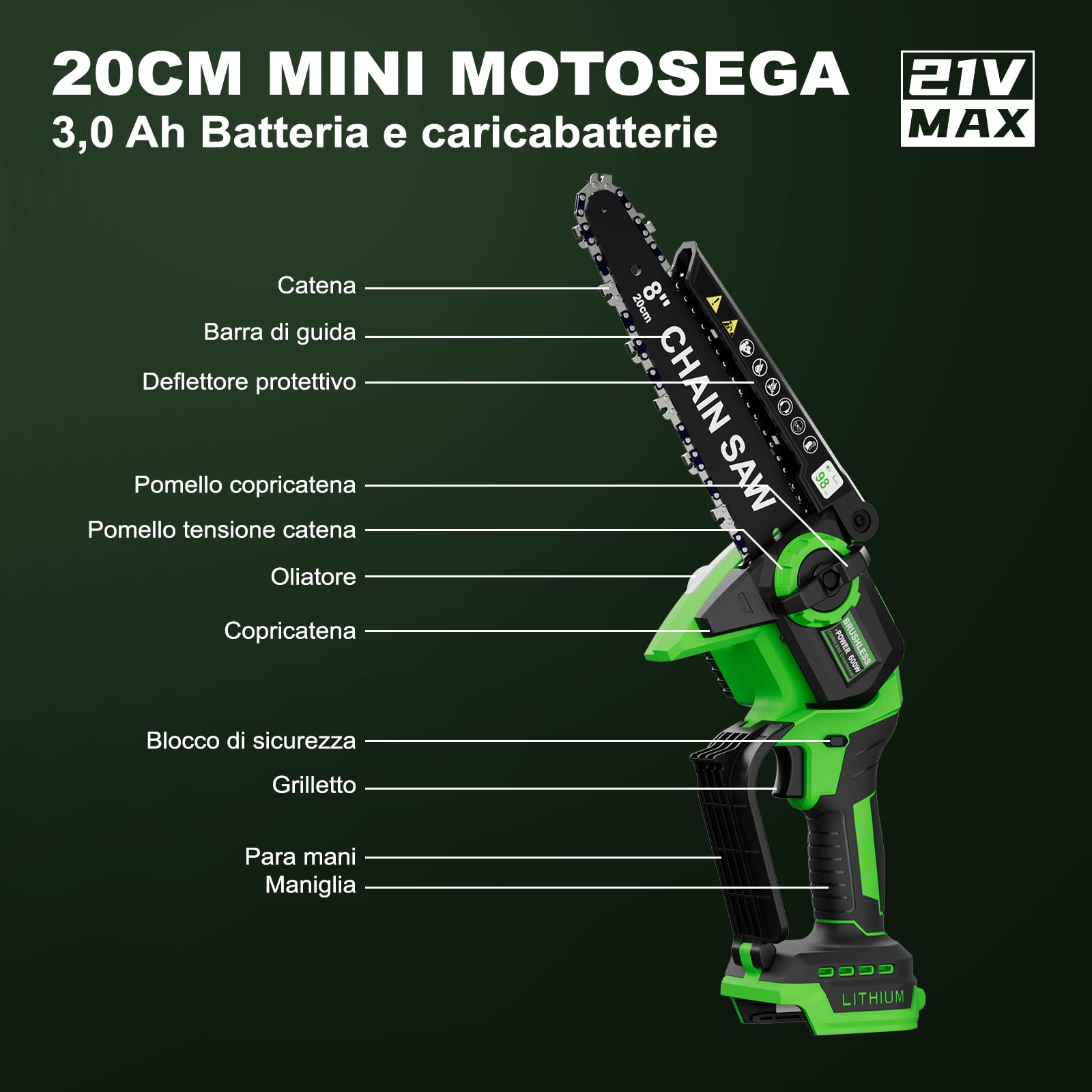 8 Pollici Mini Motosega con 2 Batterie e Caricatore, Sega a Batteria per Potatura Senza Fili, Brushless Motosega con Lubrificazione Automatica, Motosega Elettrica Potatura di Legno/Alberi