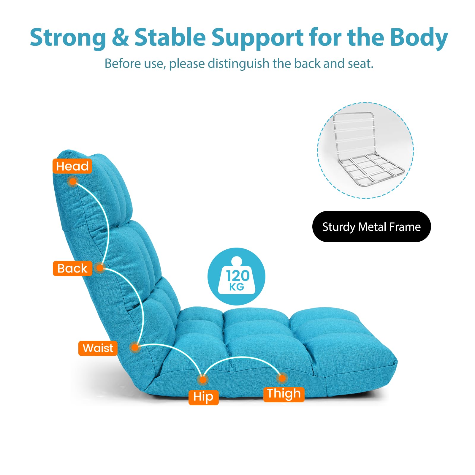 LIFEZEAL Silla de Suelo, sofá Perezoso Individual, Silla de Piso Plegable con 14 Compartimentos, sofá de Suelo con Respaldo Ajustable, Silla de meditación y sillón de Lectura, vellón Coral (Azul)